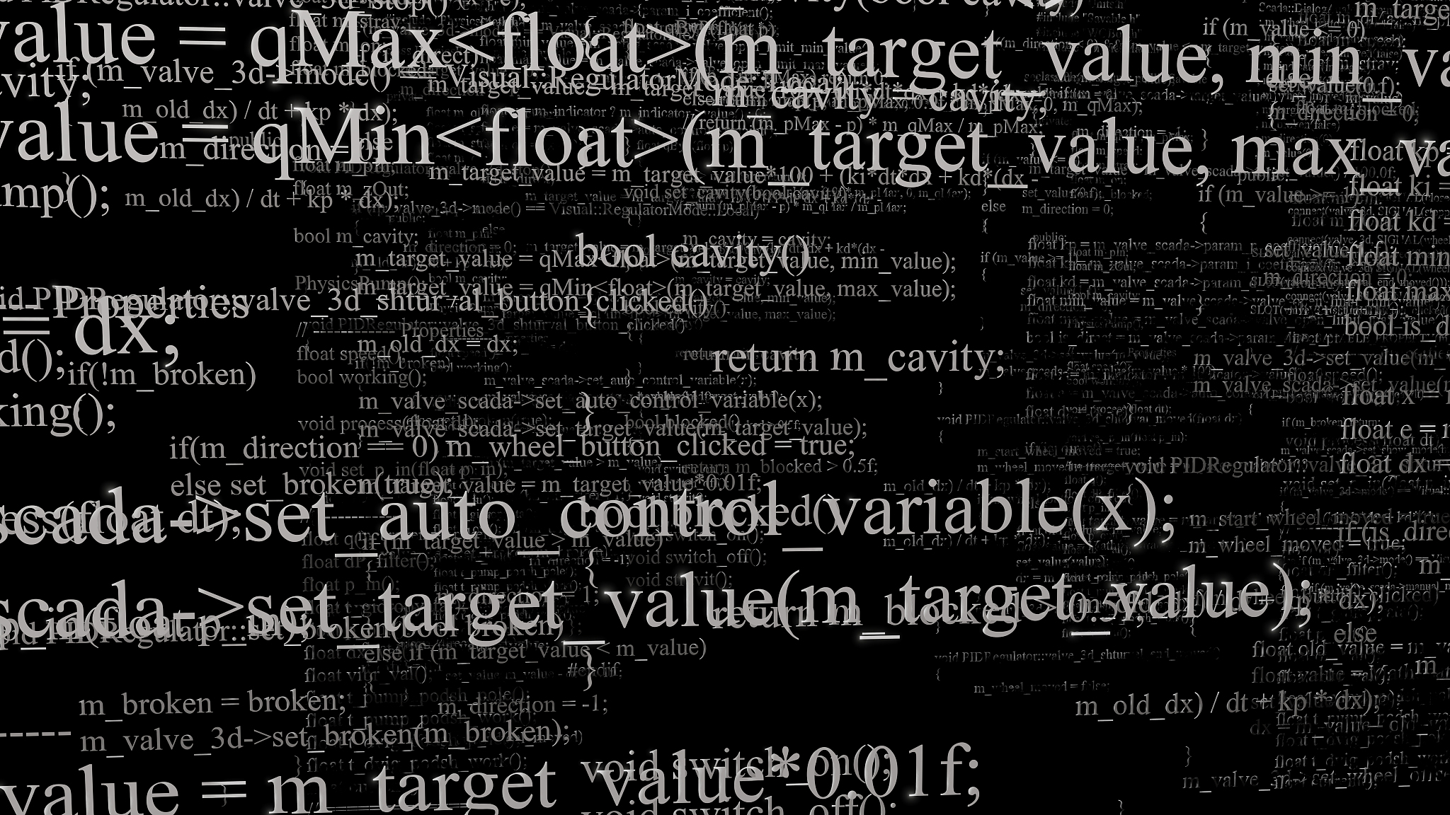 software source code. layers of program code on black background