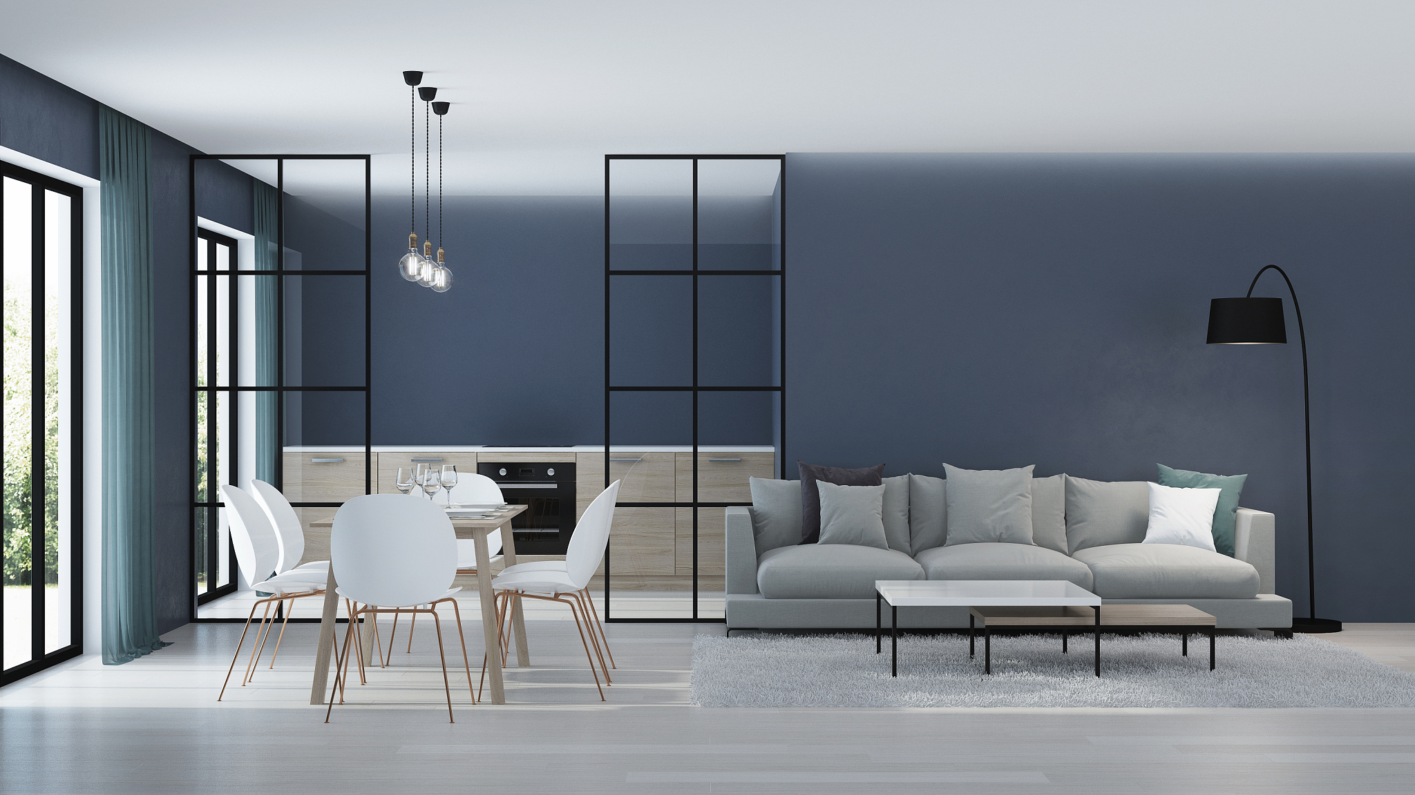 modern house interior. kitchen behind glass partitions. 3d rende
