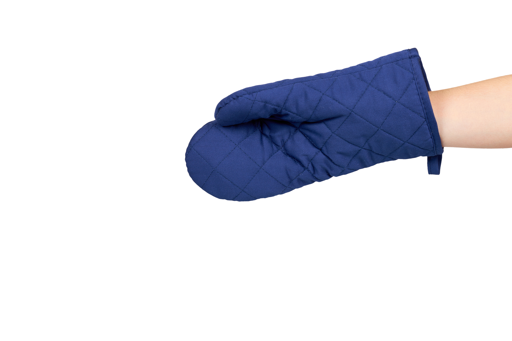hand with blue kitchen glove, heat protection and safety.