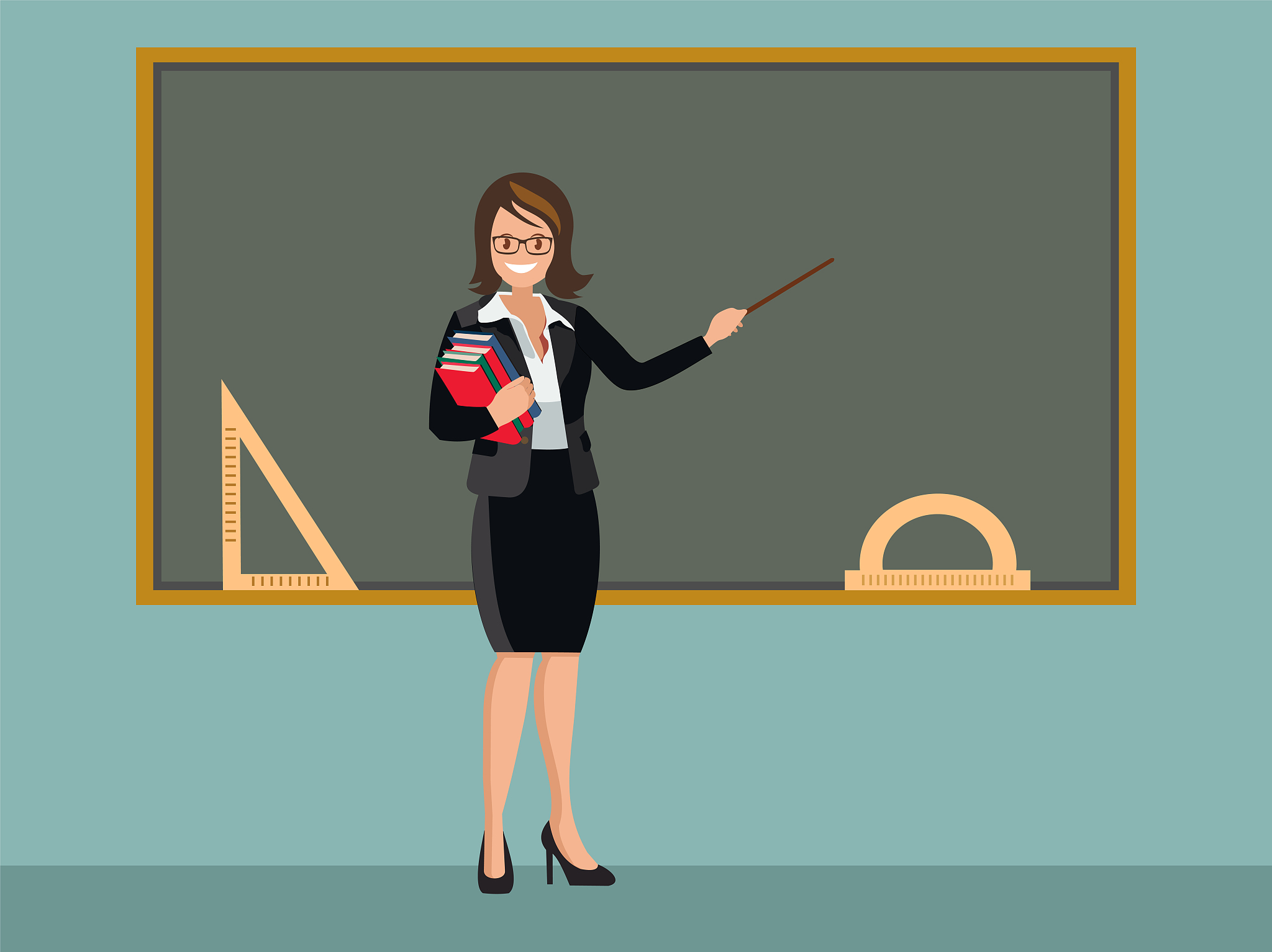 the teacher stands at the blackboard and welcomes students.