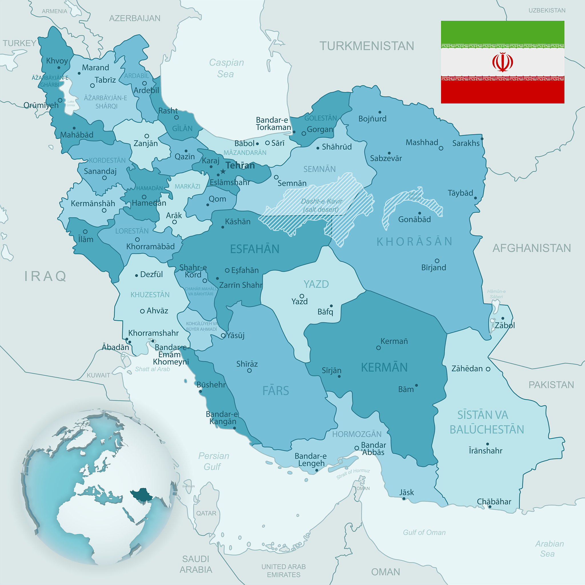 blue-green detailed map of iran and administrative divisions wit