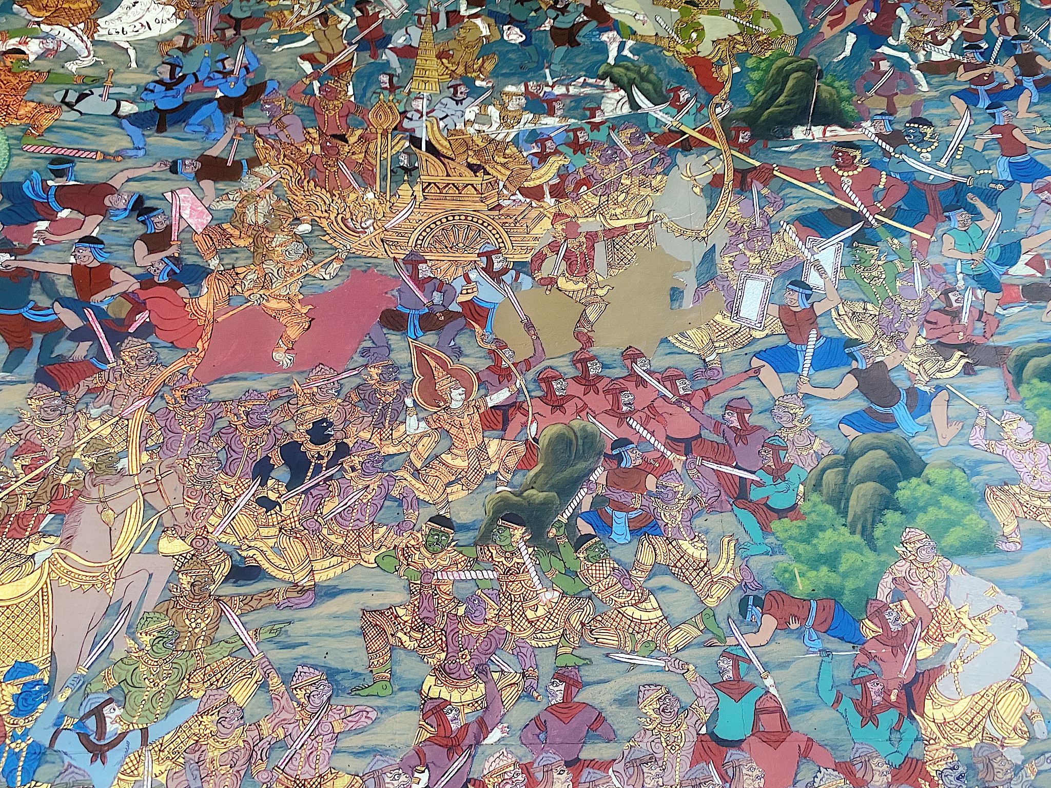 traditional thai mural at wall of thai temple.