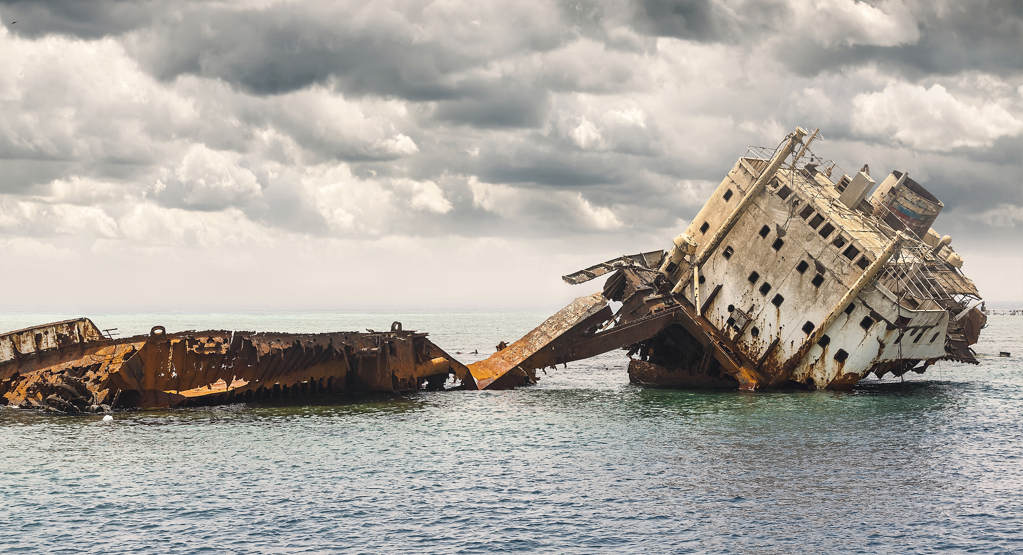 the sunken shipwreck on the reef.