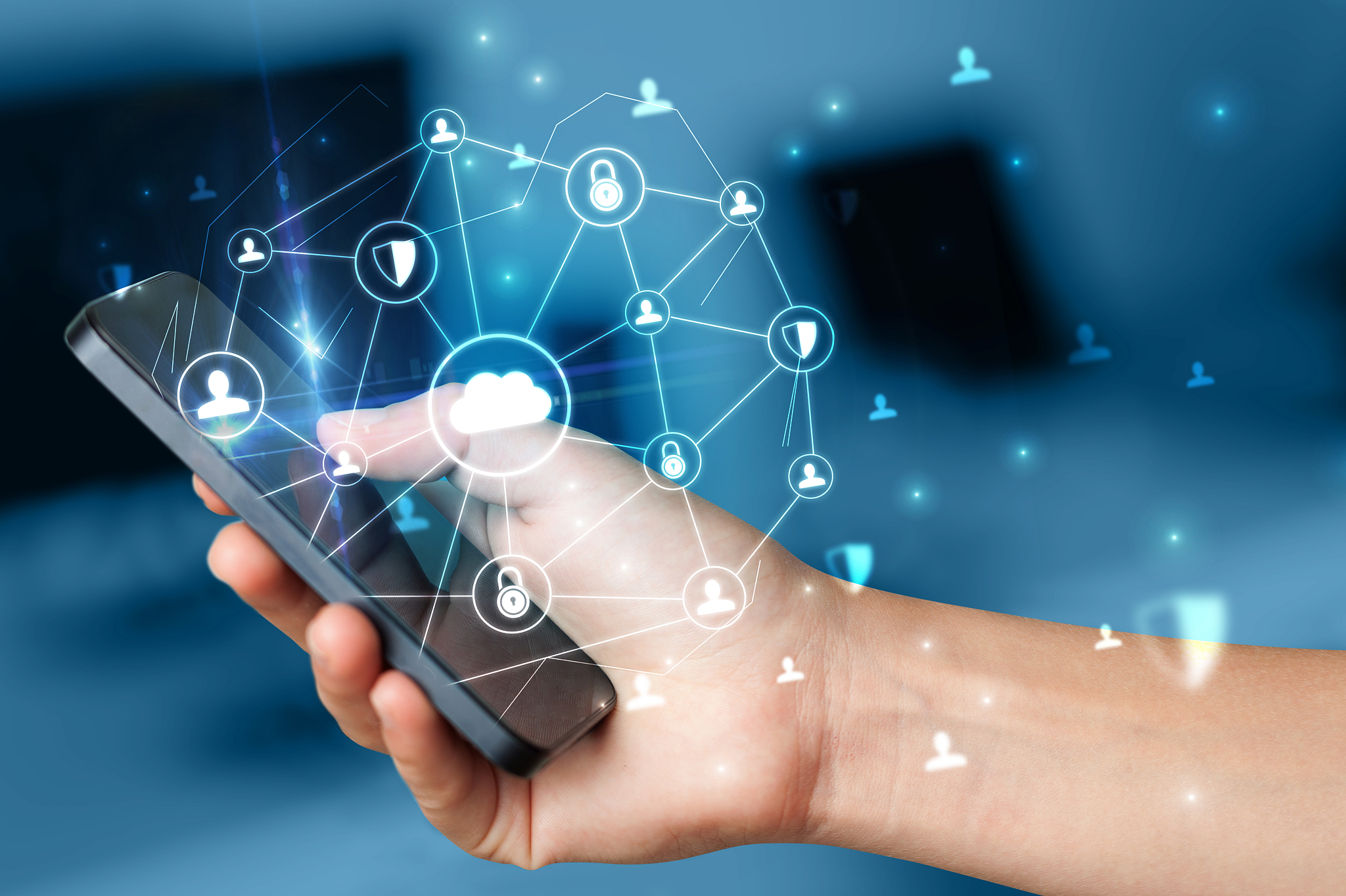 hand using phone with centralized linked cloud system concept