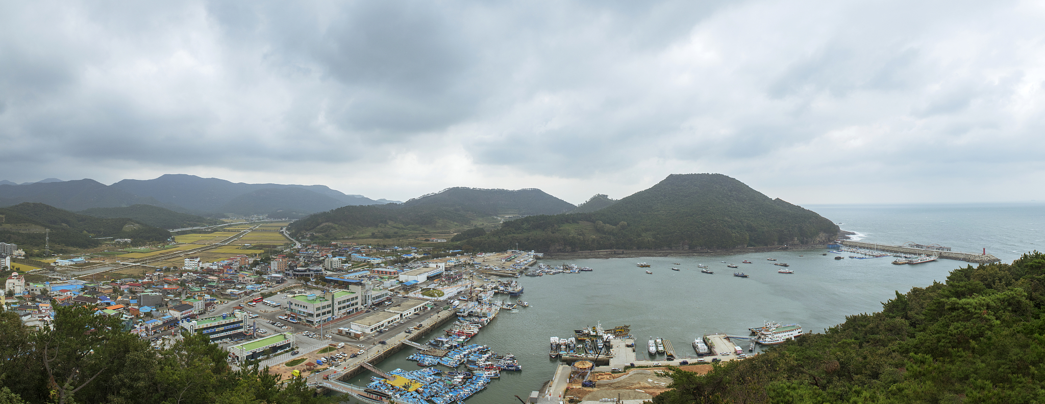 panoramic view of town nearby ocean