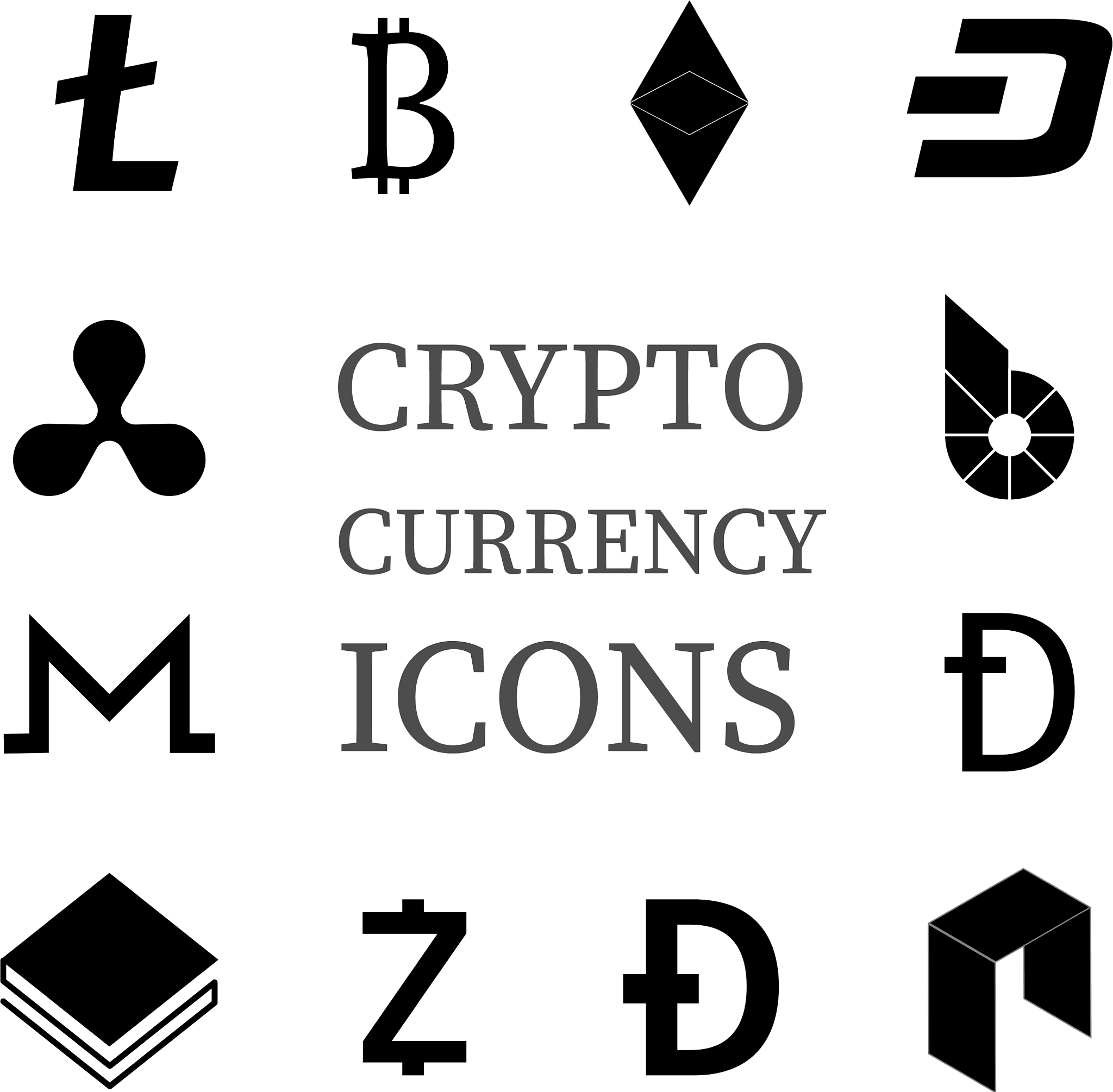 set 12 black crypto currency icons isolated on