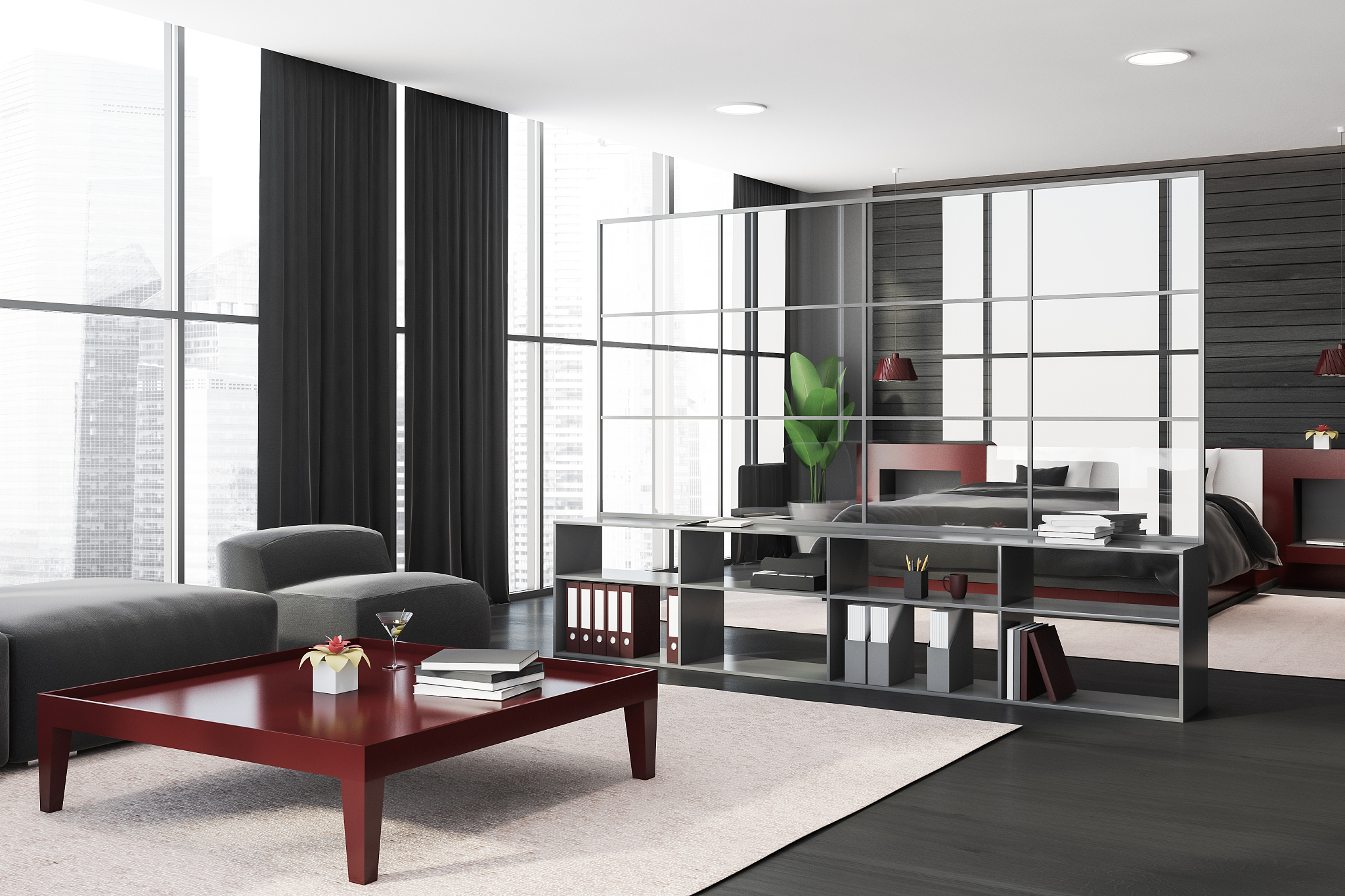 white and black living room and bedroom