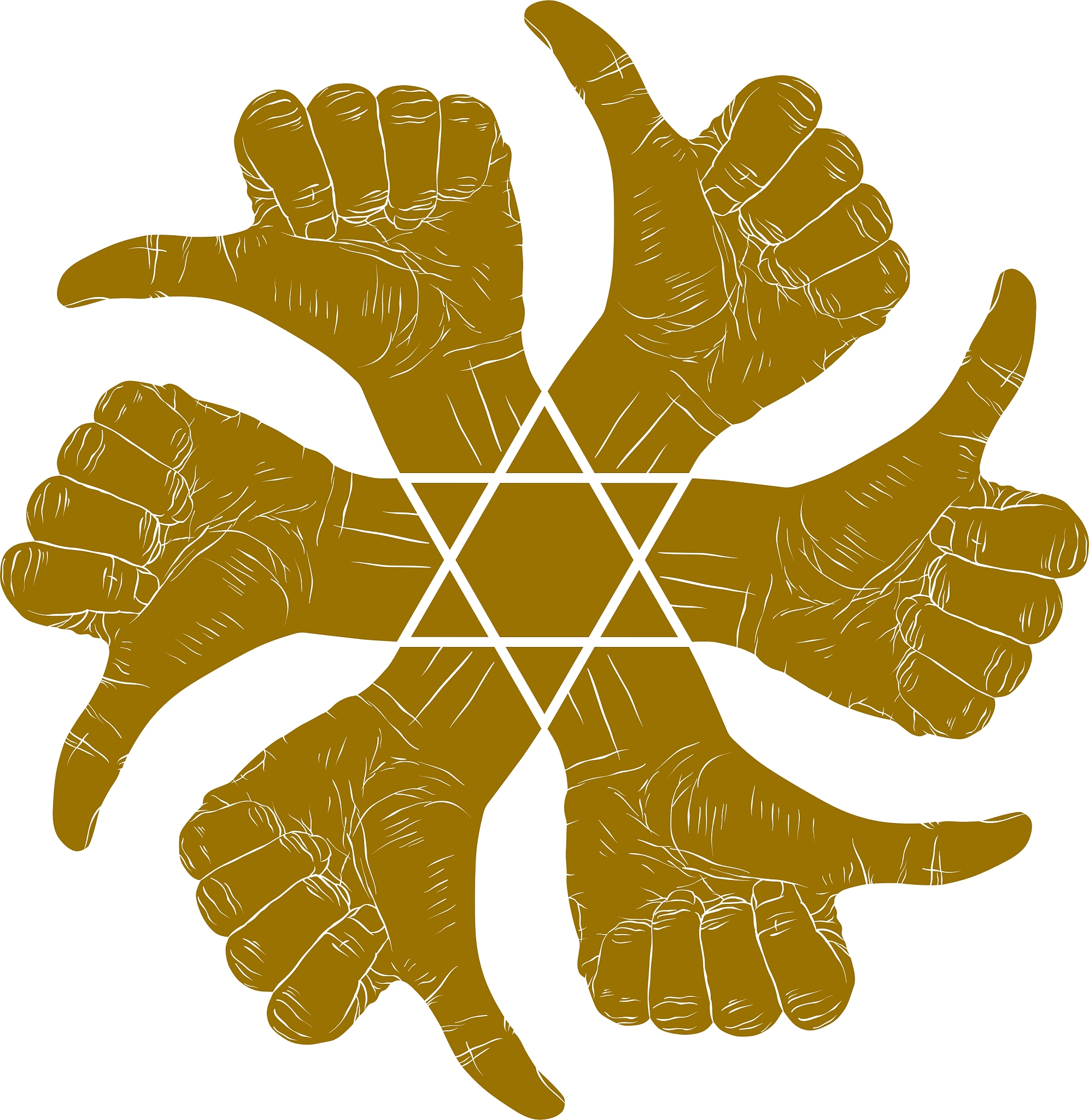 six thumb up hand signs in round abstract symbol