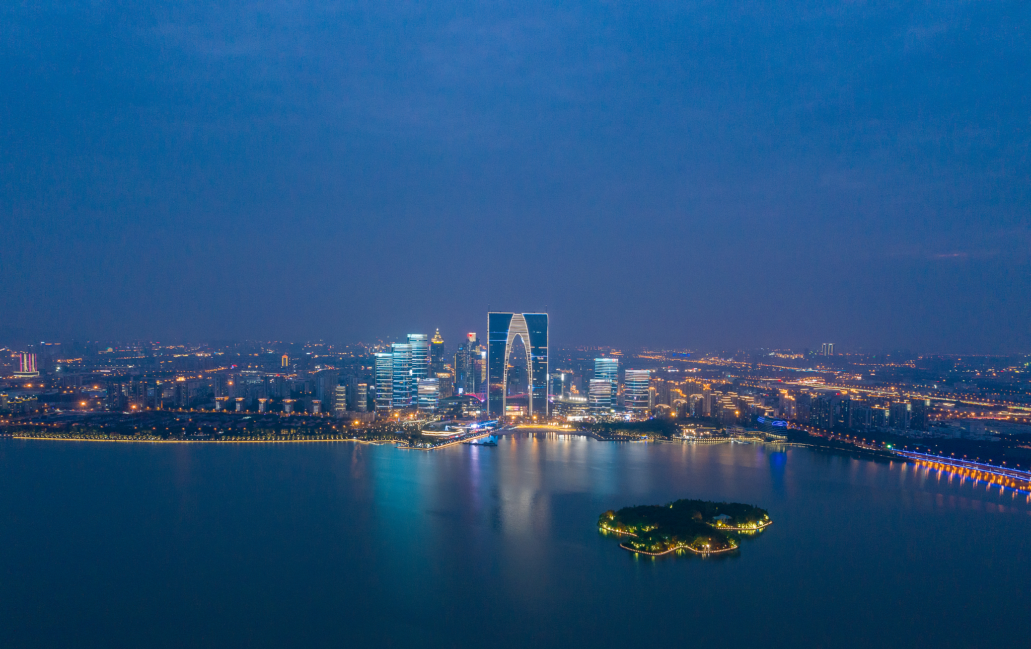 航拍苏州现代滨水城市夜景风光