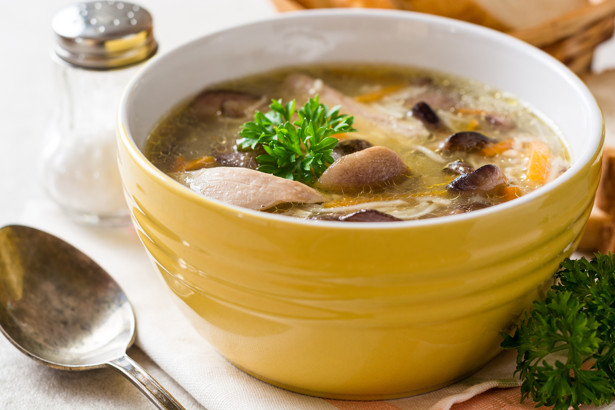 chicken soup with mushrooms and noodles in bowl on gray stone ba