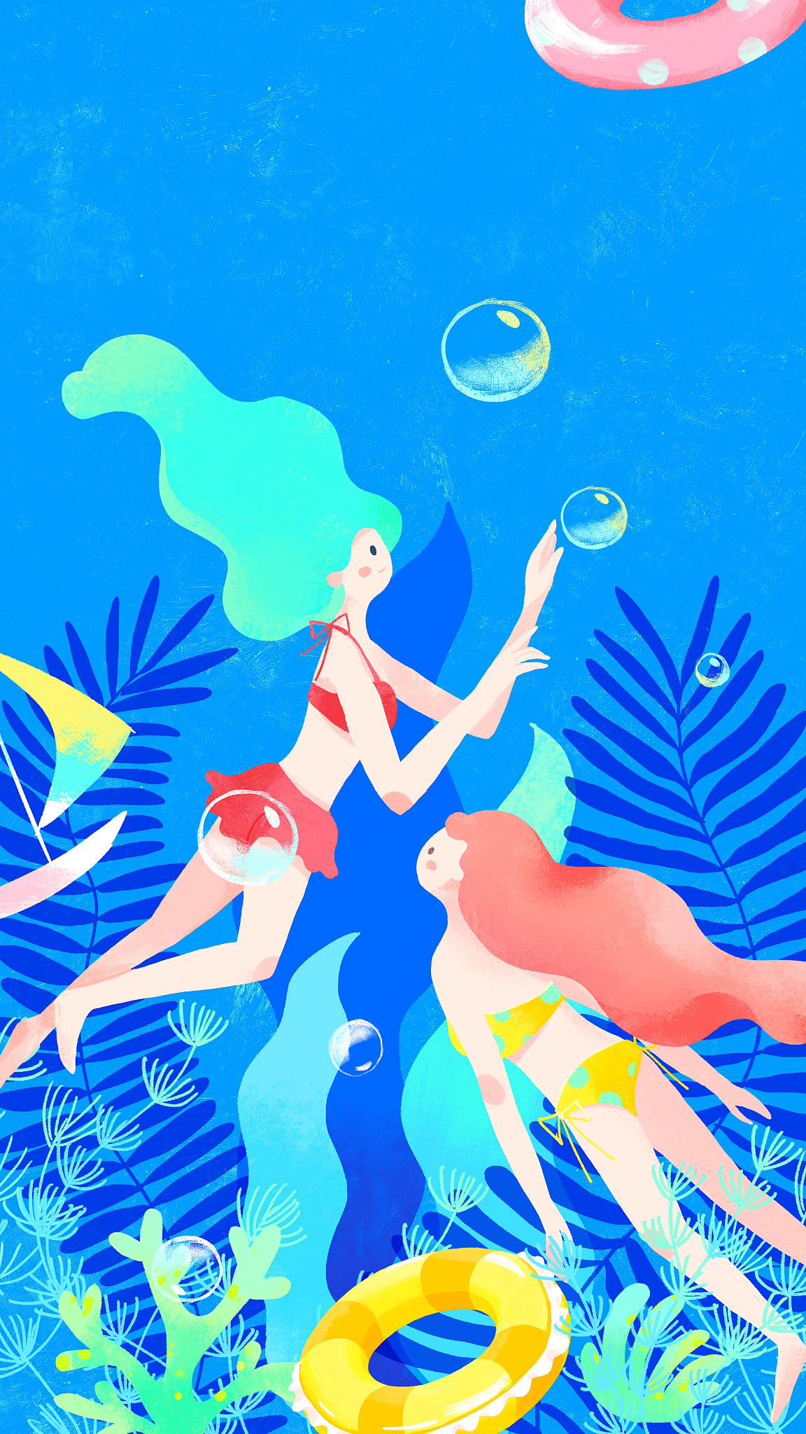 夏天潜泳的两个少女与海草游泳圈插画