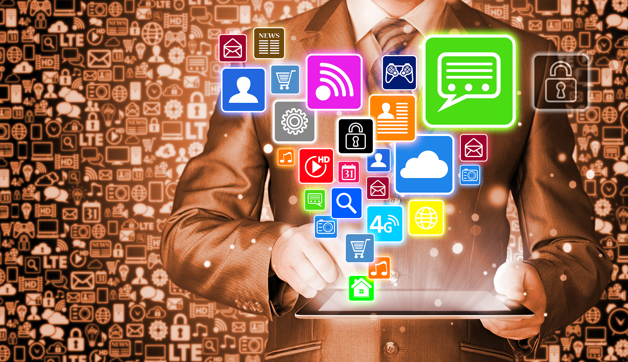 business man using tablet pc with social media icon set