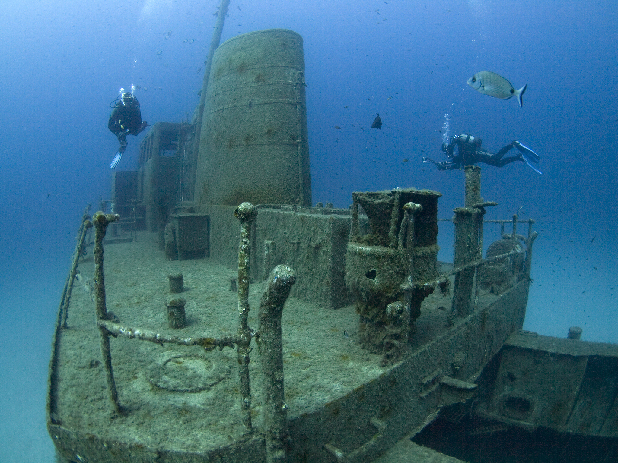 scuba divers on a shipwreck