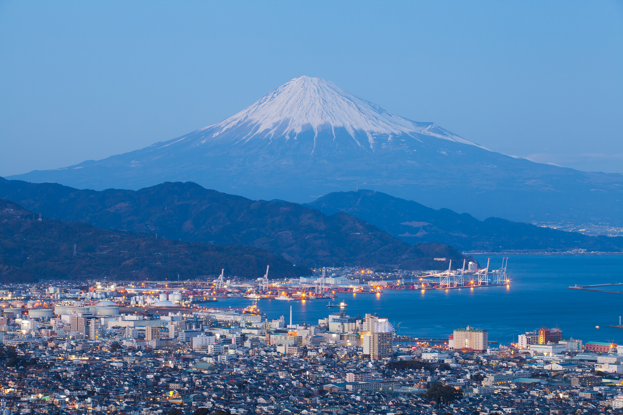 mountain fuji and shimizu city in winter season