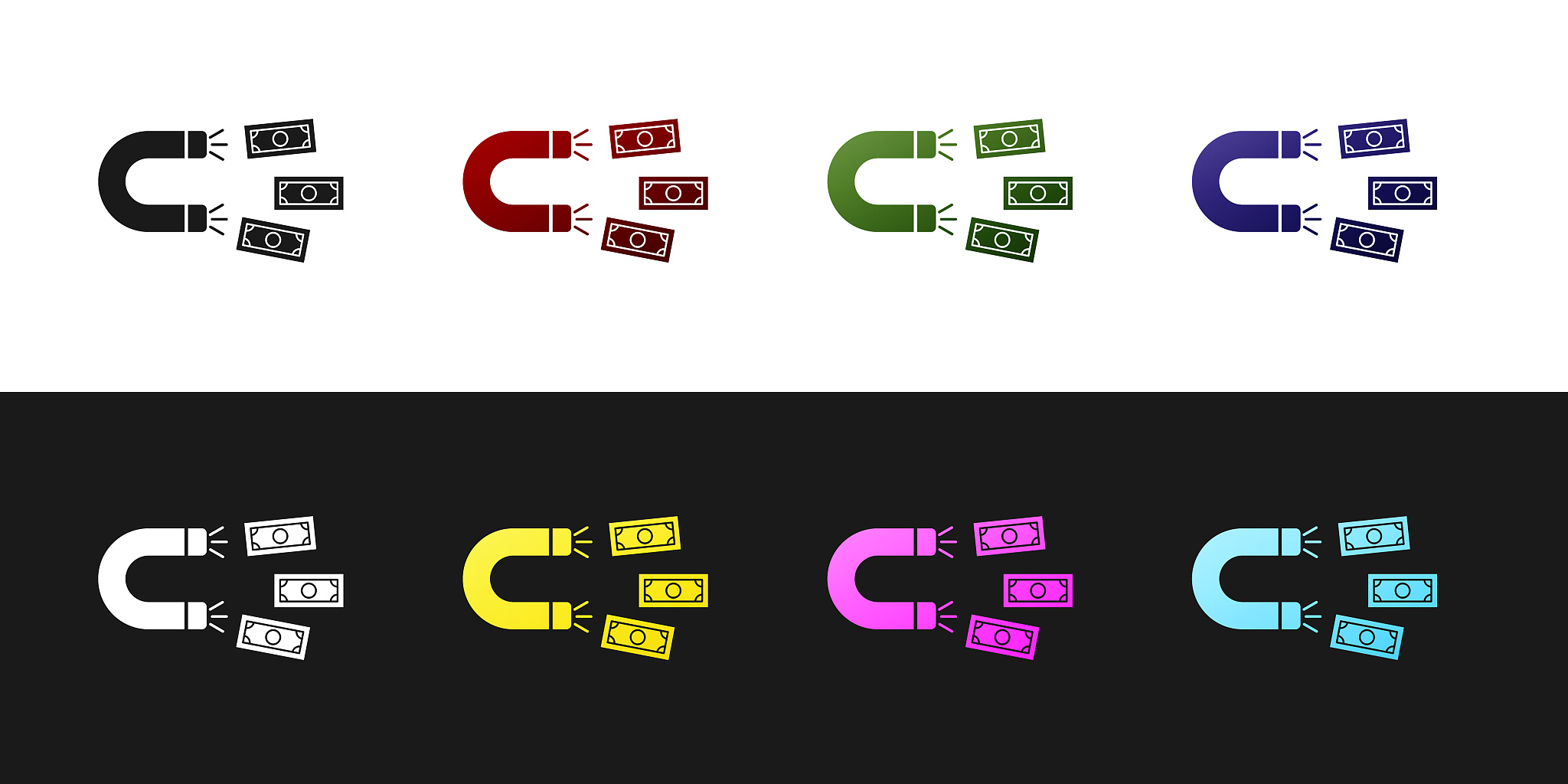 set magnet with money icon isolated on black and white backgroun