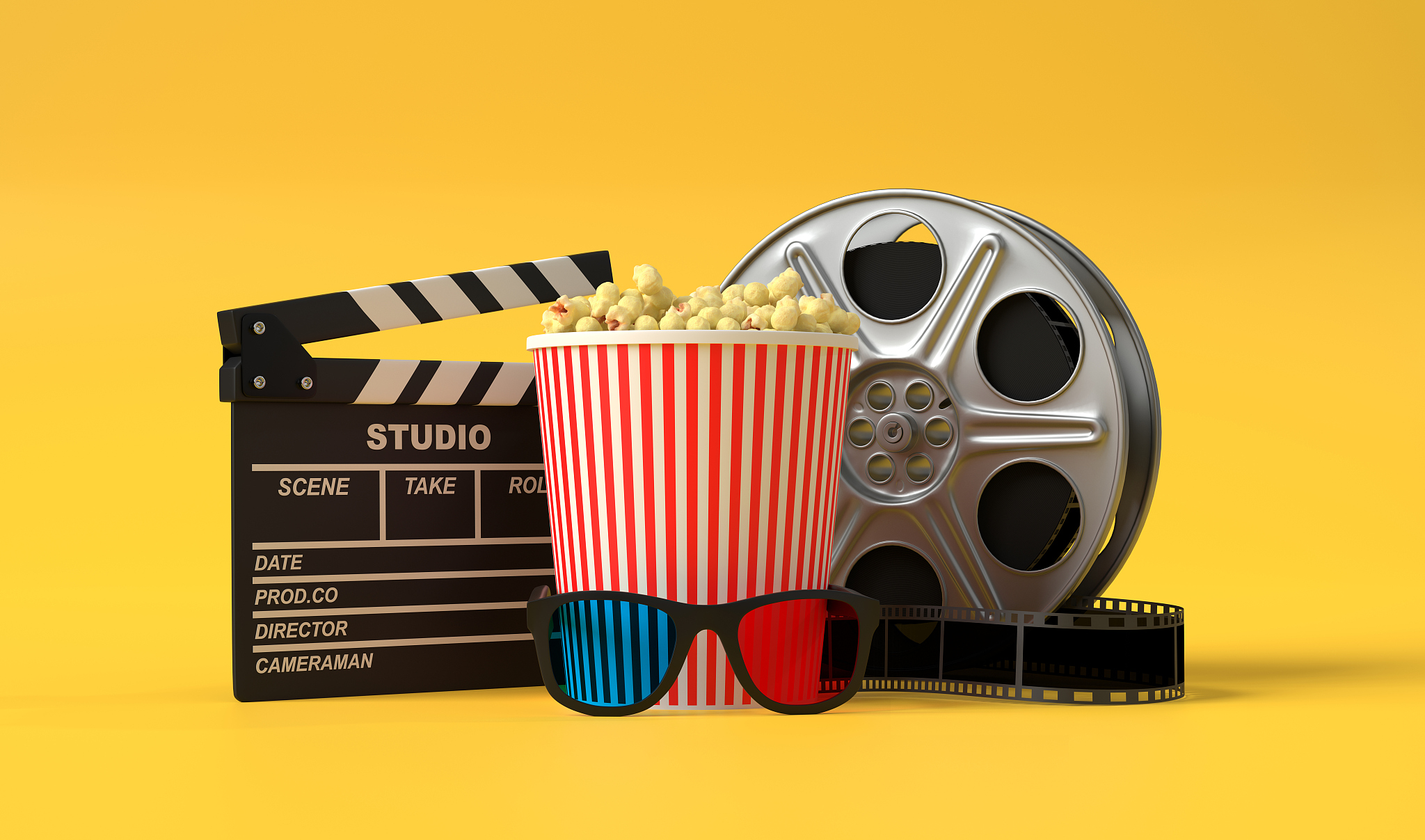 popcorn, 3d glasses, film reel and clapboard on a yellow backgro