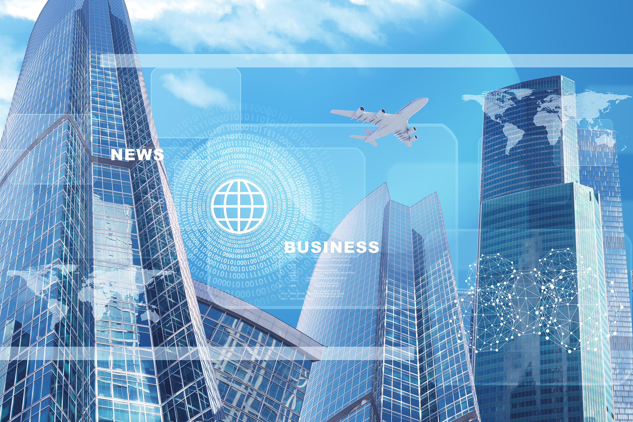 high-rise buildings with jet and numbers