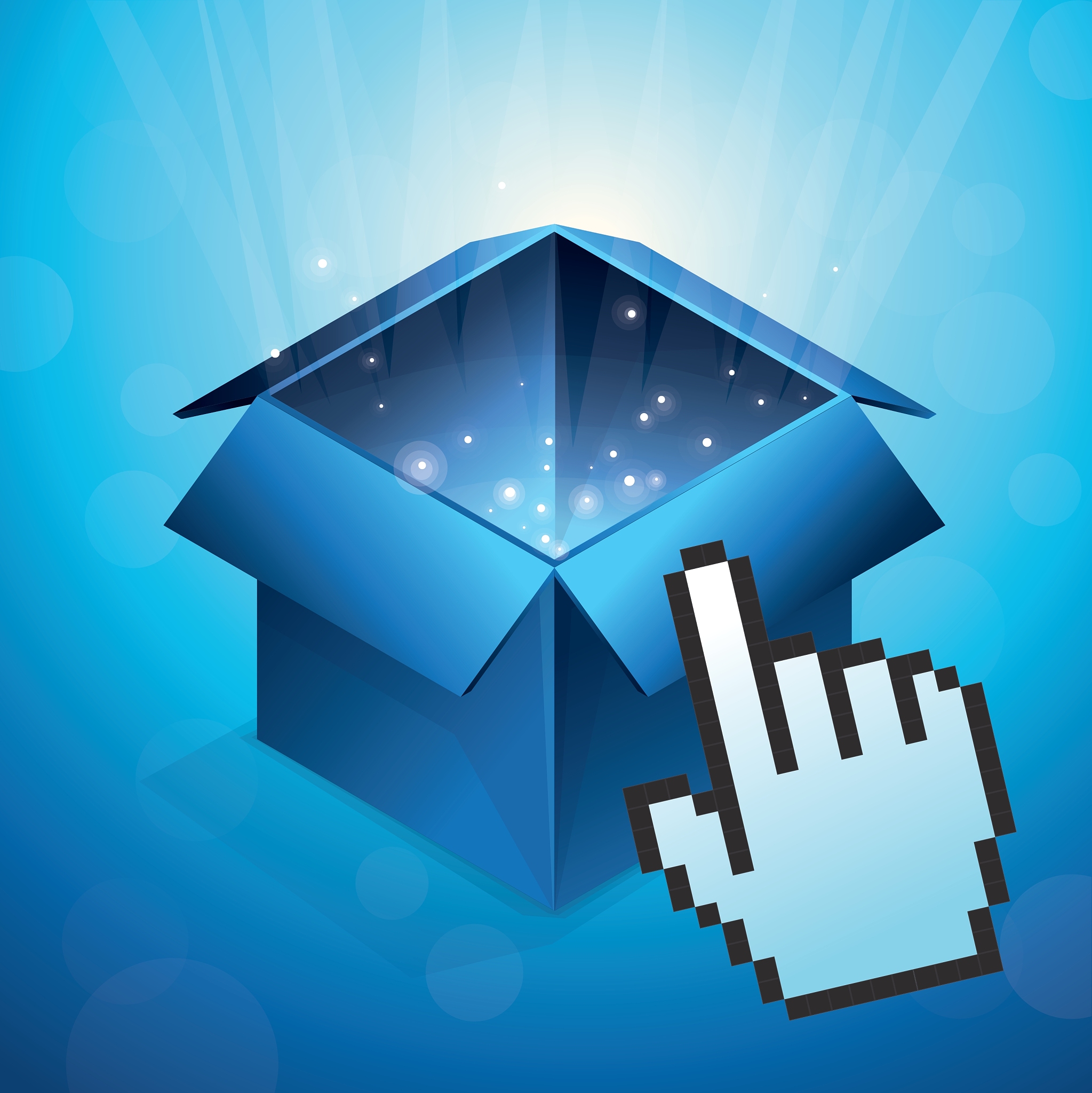 blue box with glowing light and hand cursor