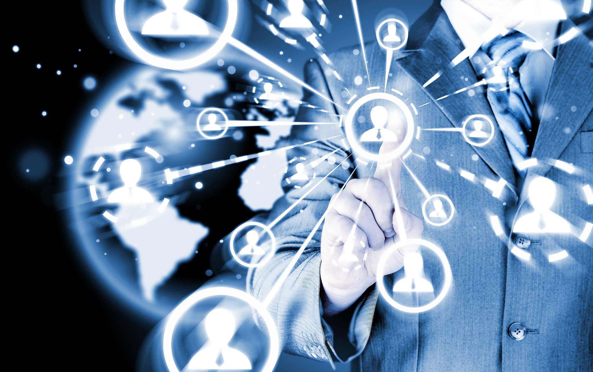 man hand pressing social media icon