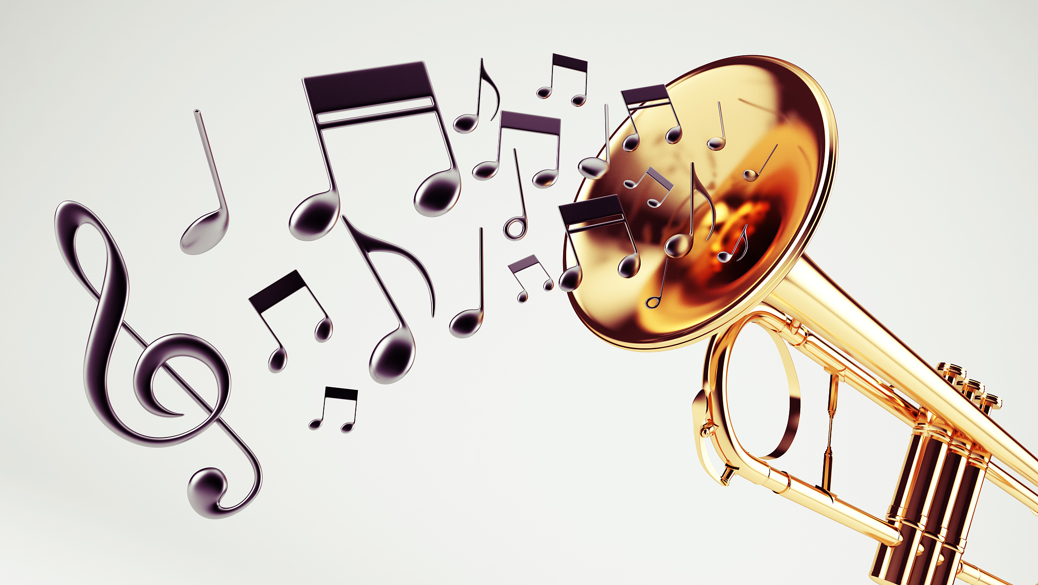 close-up of trumpet with musical notes coming out of it