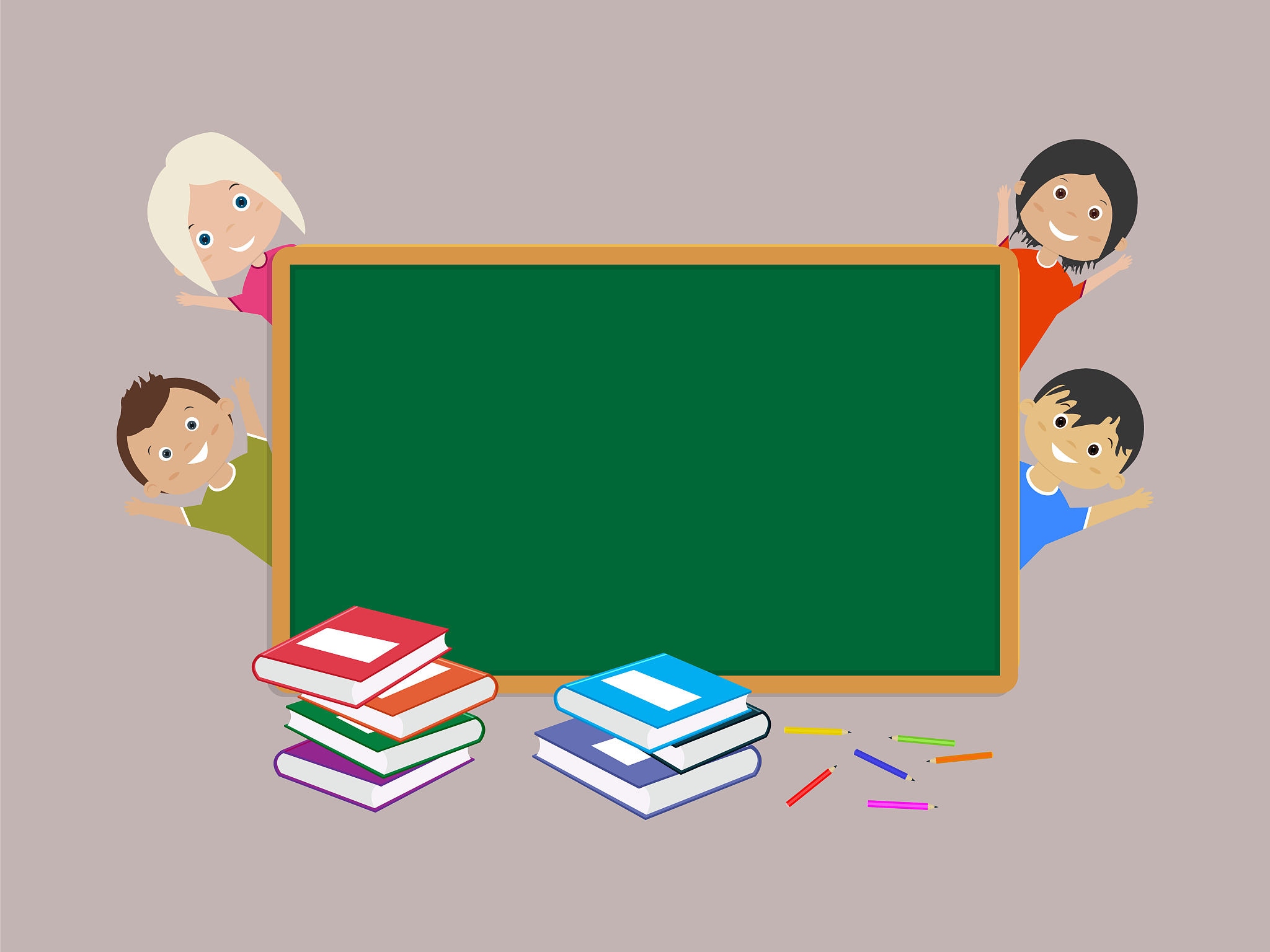 school board, few happy students, a few books and colored pencil