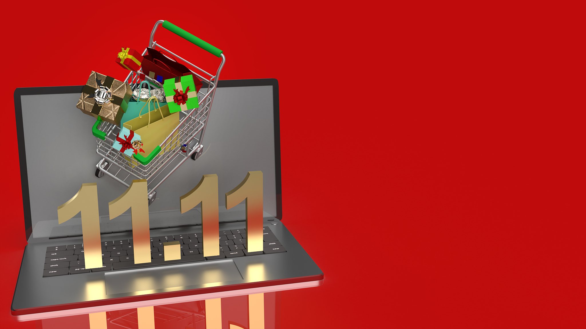 shopping cart on notebook  and gold text 11.11 for shopping cont