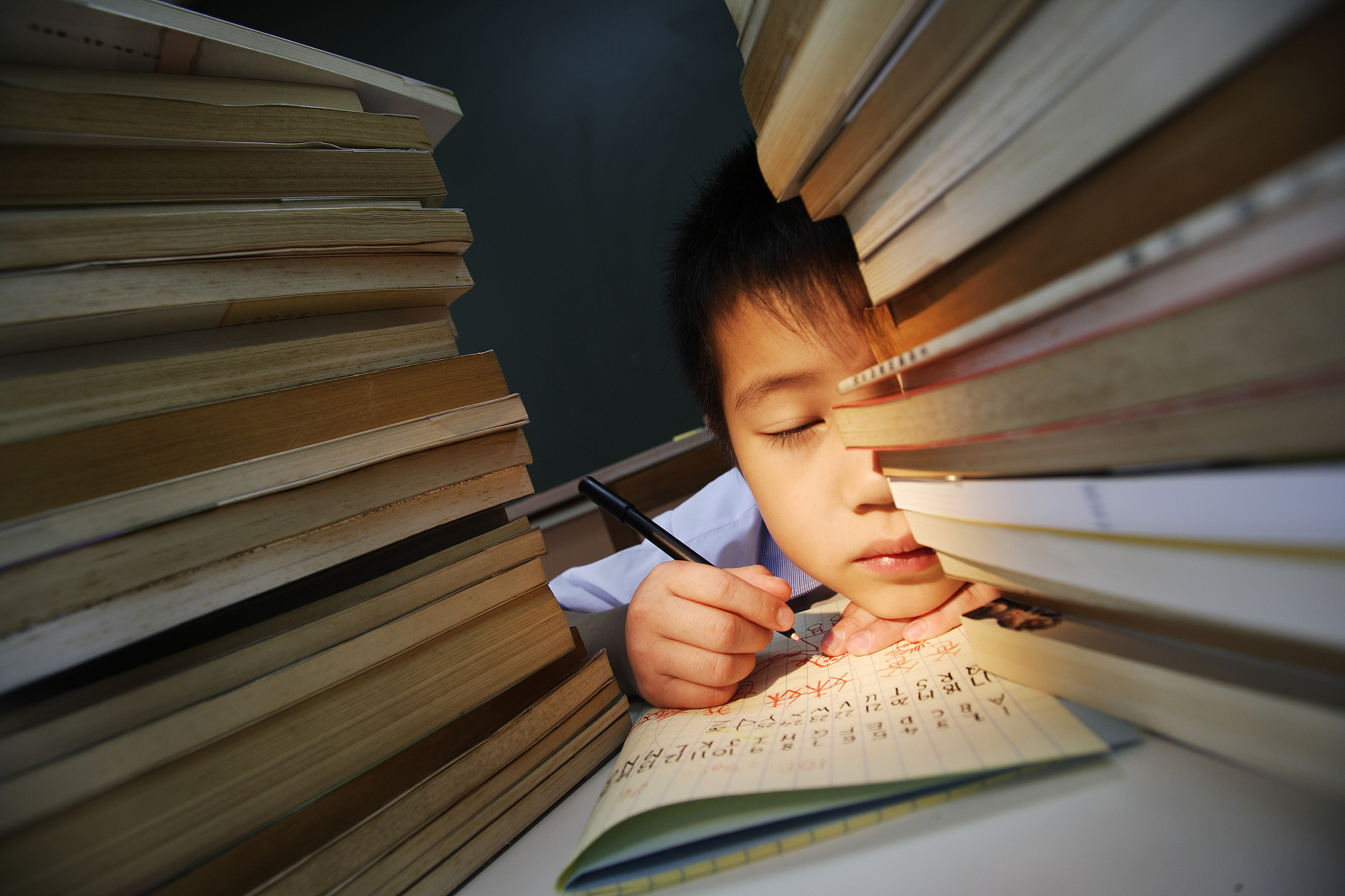 overworked elementary student