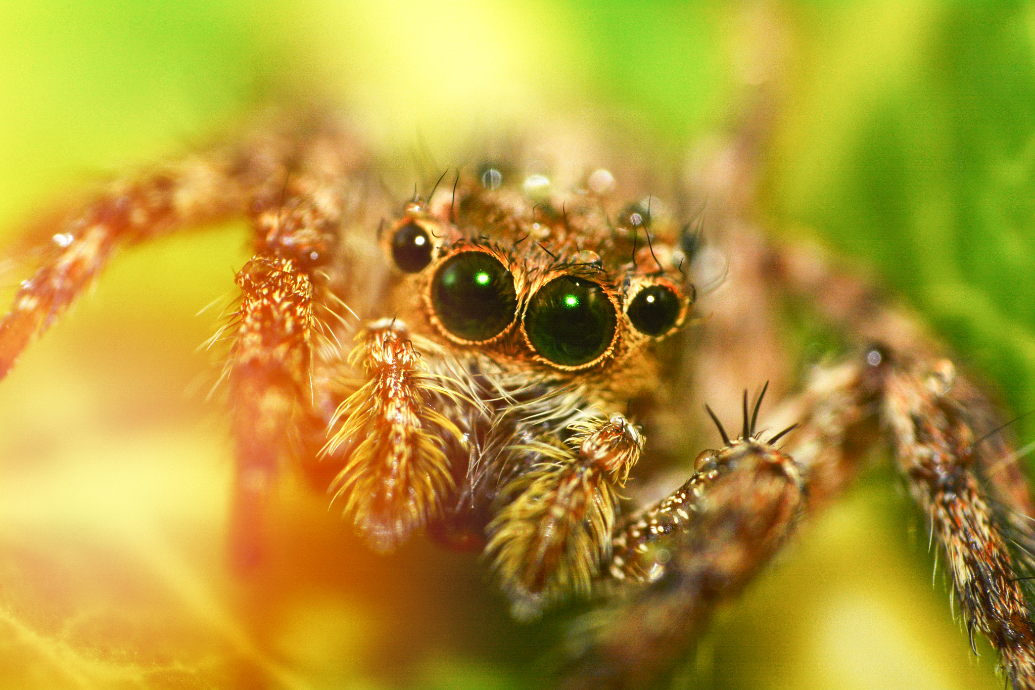 close up of jumping spider colorful on nature green leaf plant b