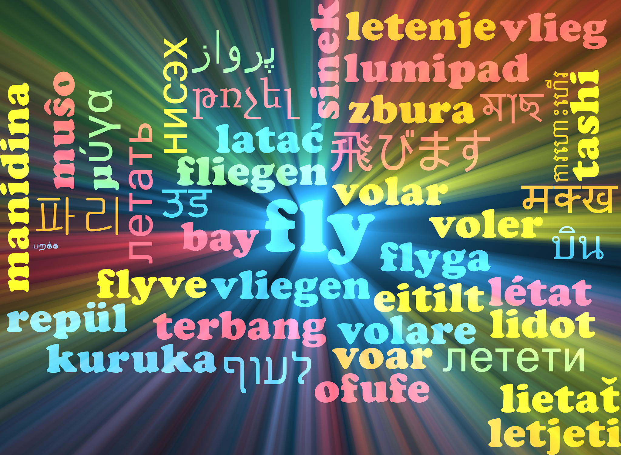 fly multilanguage wordcloud background concept glowing