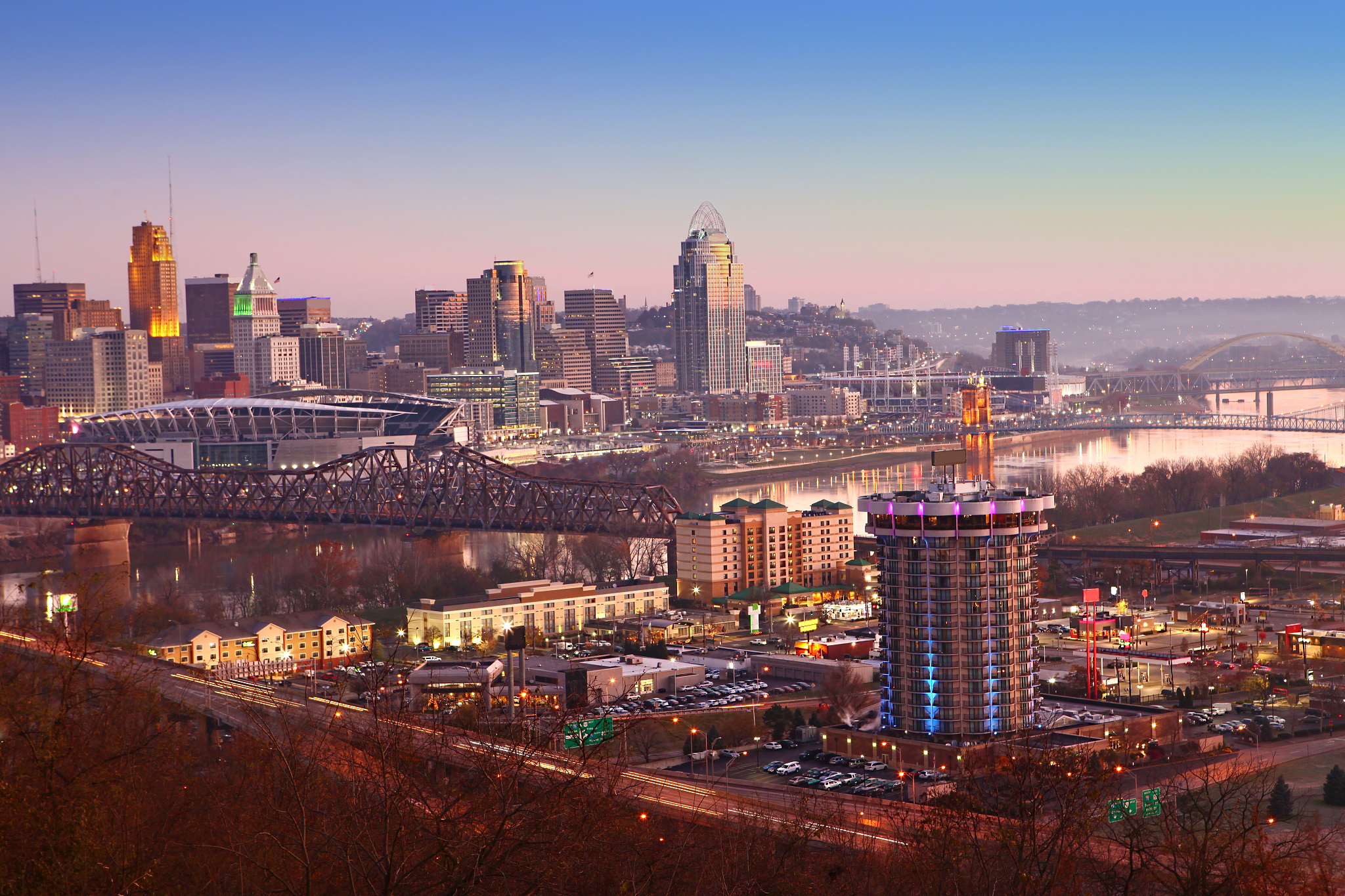view of the cincinnati city center at twilight