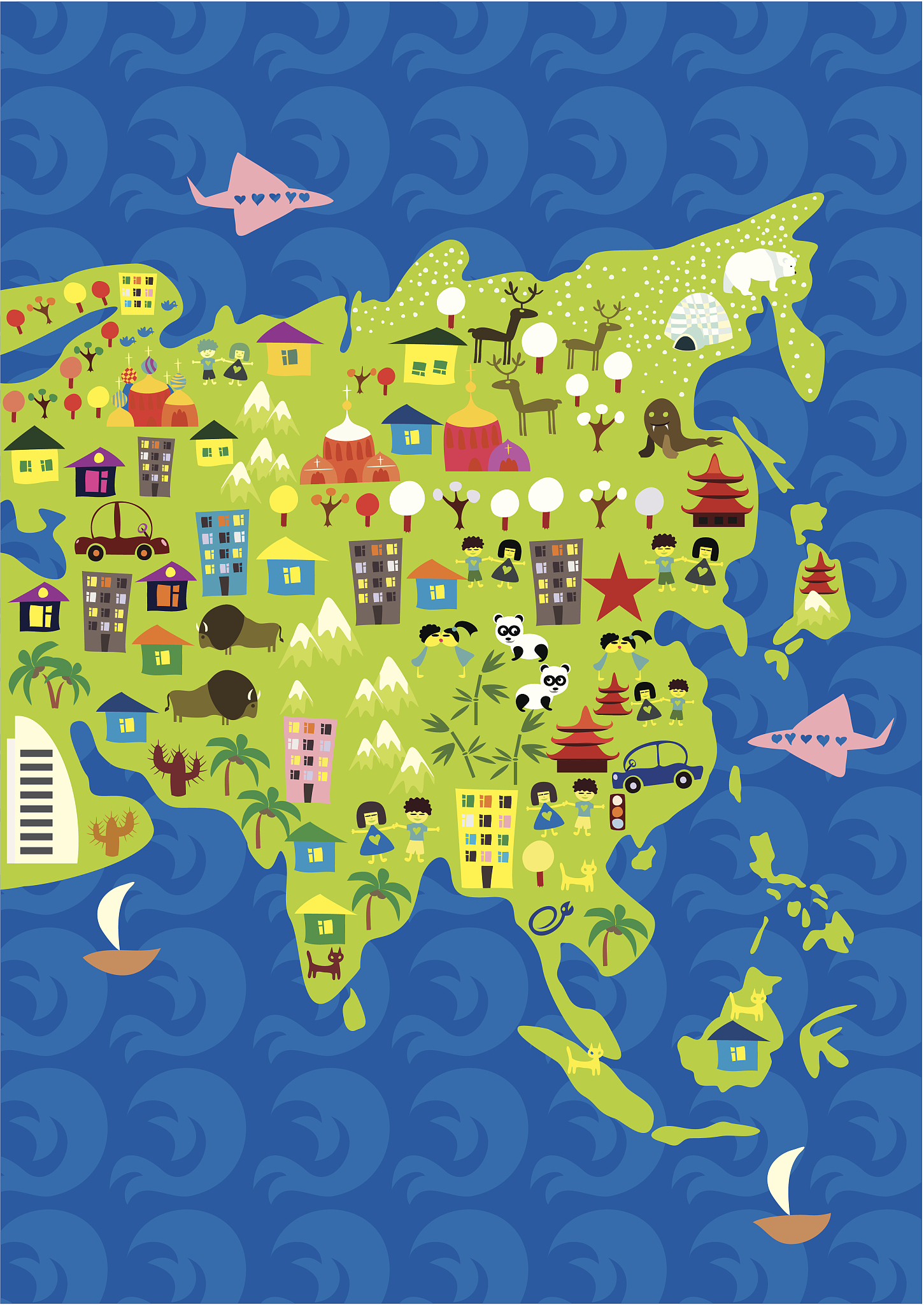 cartoon map of asia