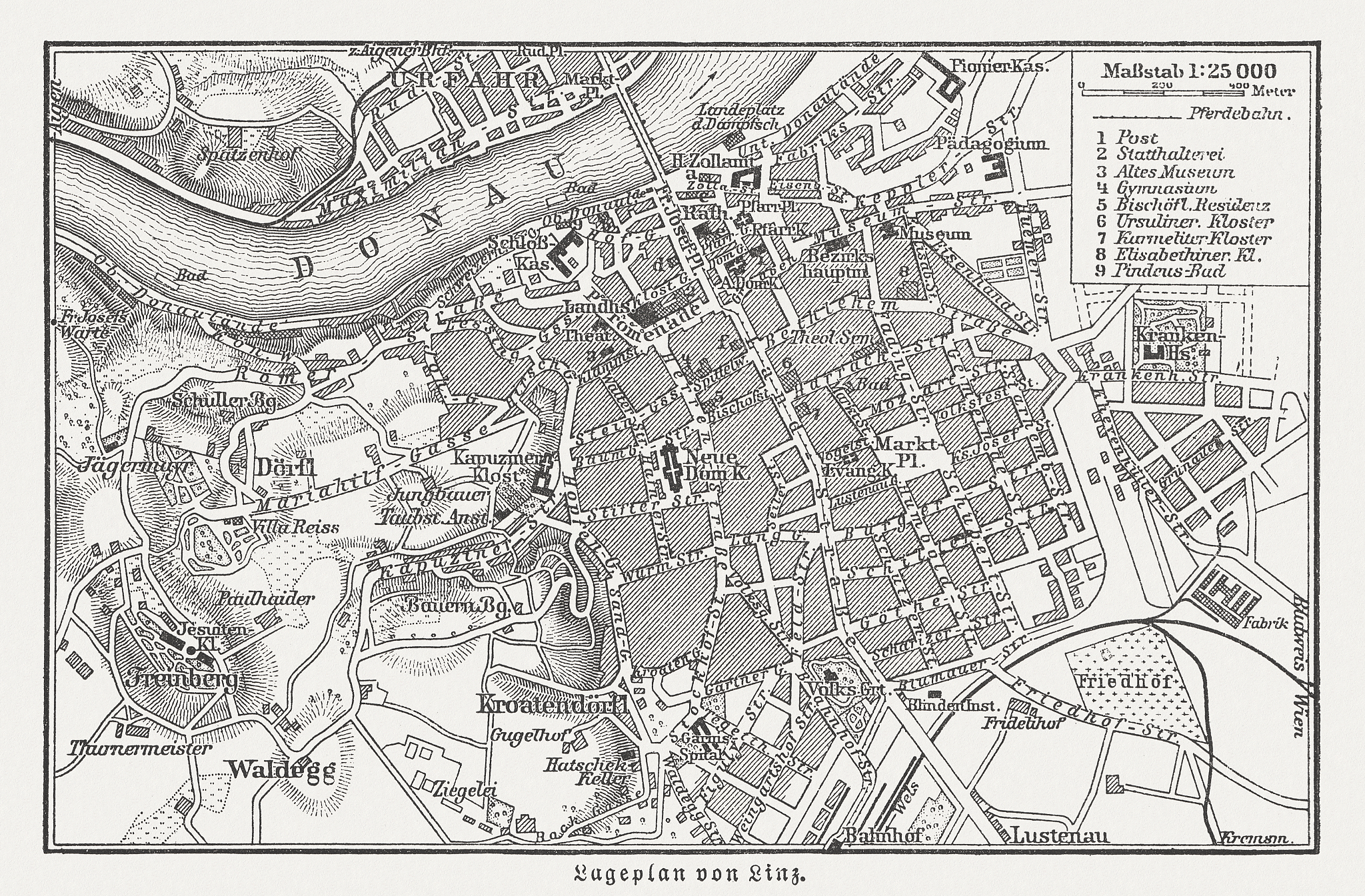 city map of linz, upper austria, wood engraving, published in 18