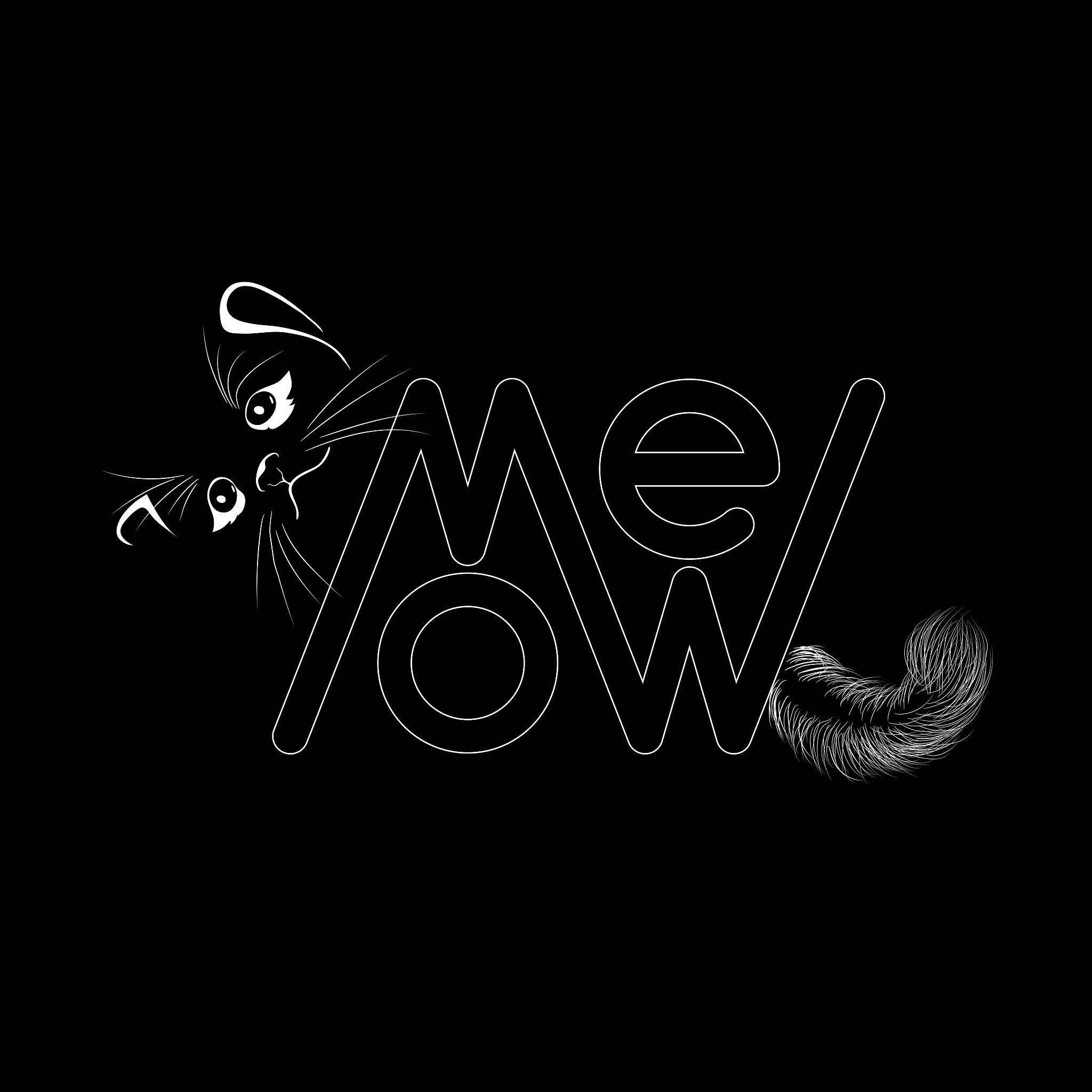 black cat with white tail and meow text. white  image for dark t