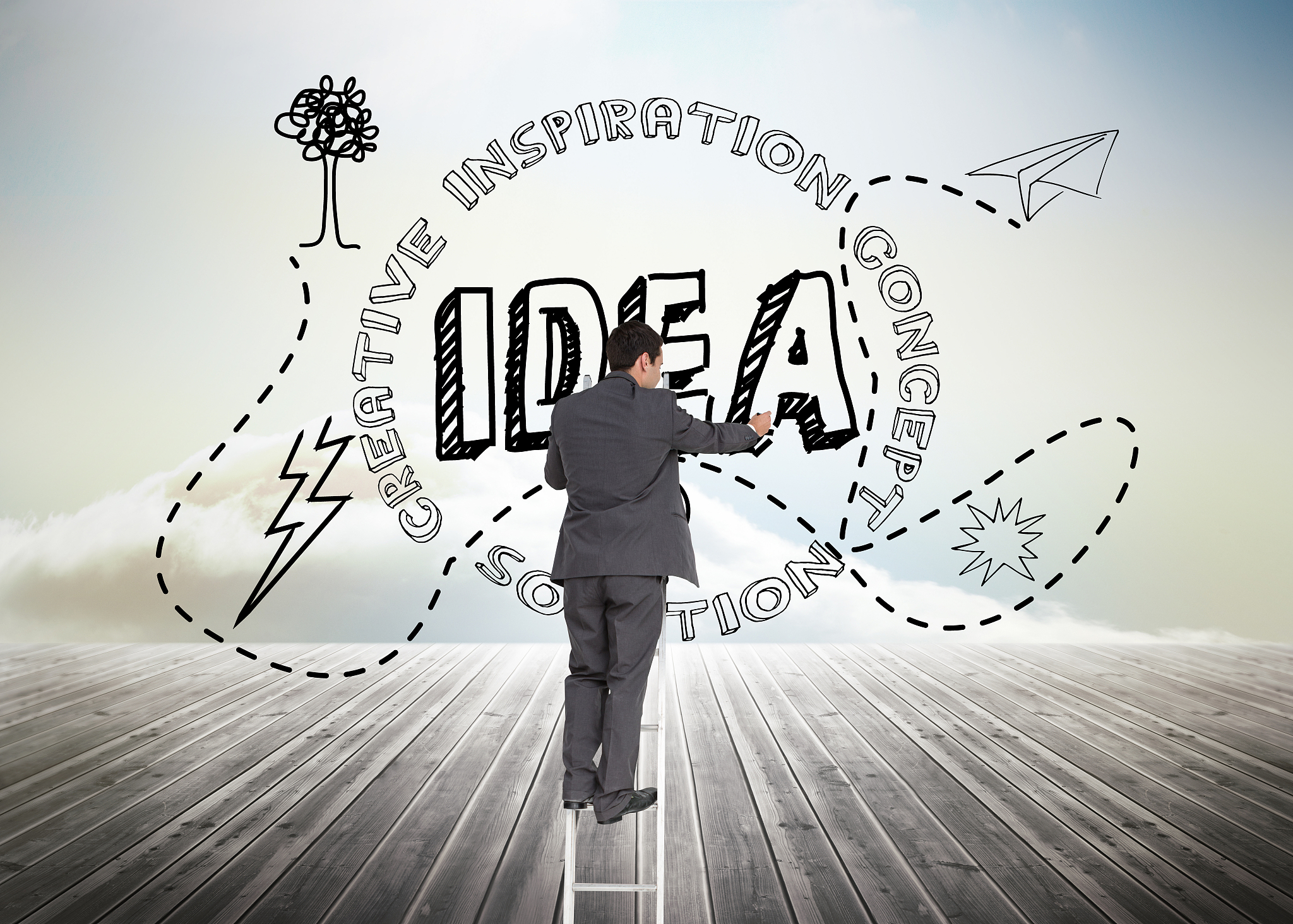 composite image of businessman standing on ladder