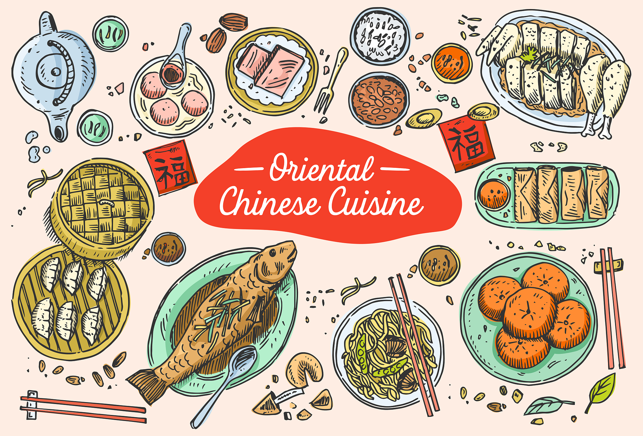 hand drawn chinese food, vector illustration