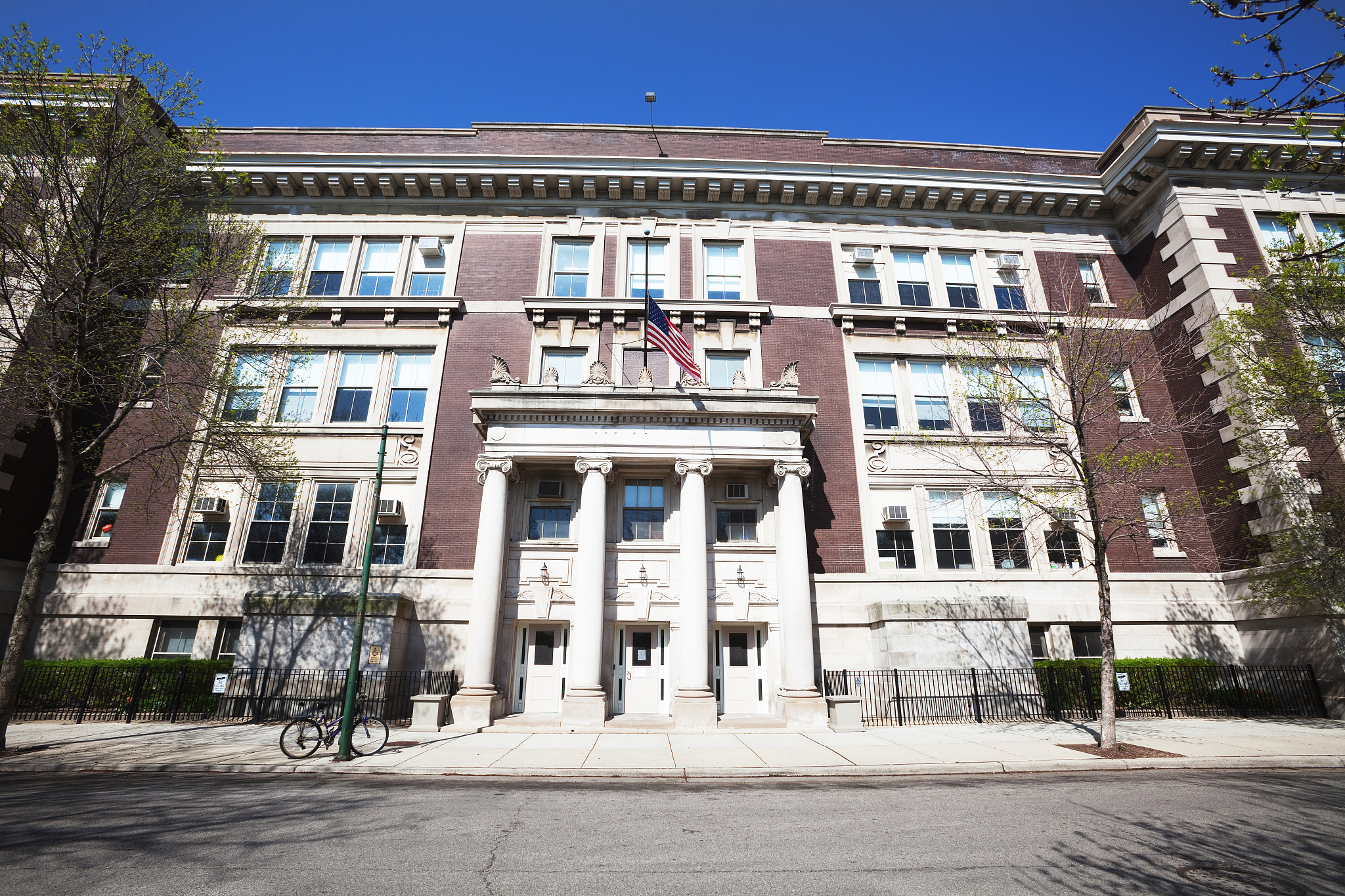 neoclassical school facade in north center, chicago
