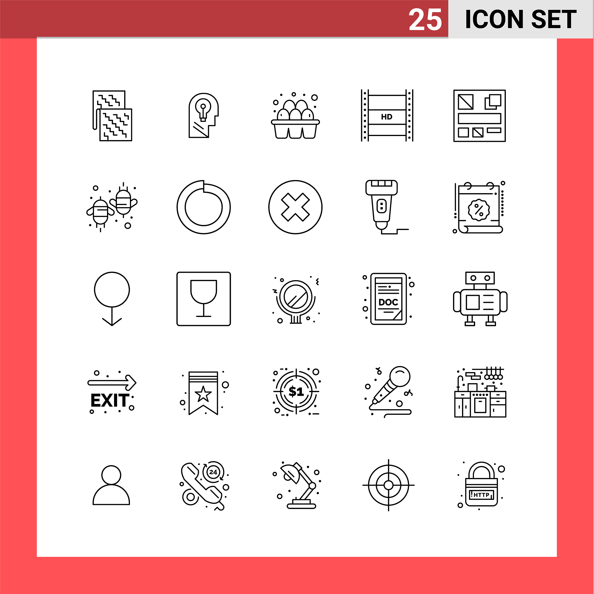 25 icon pack line style outline symbols on white