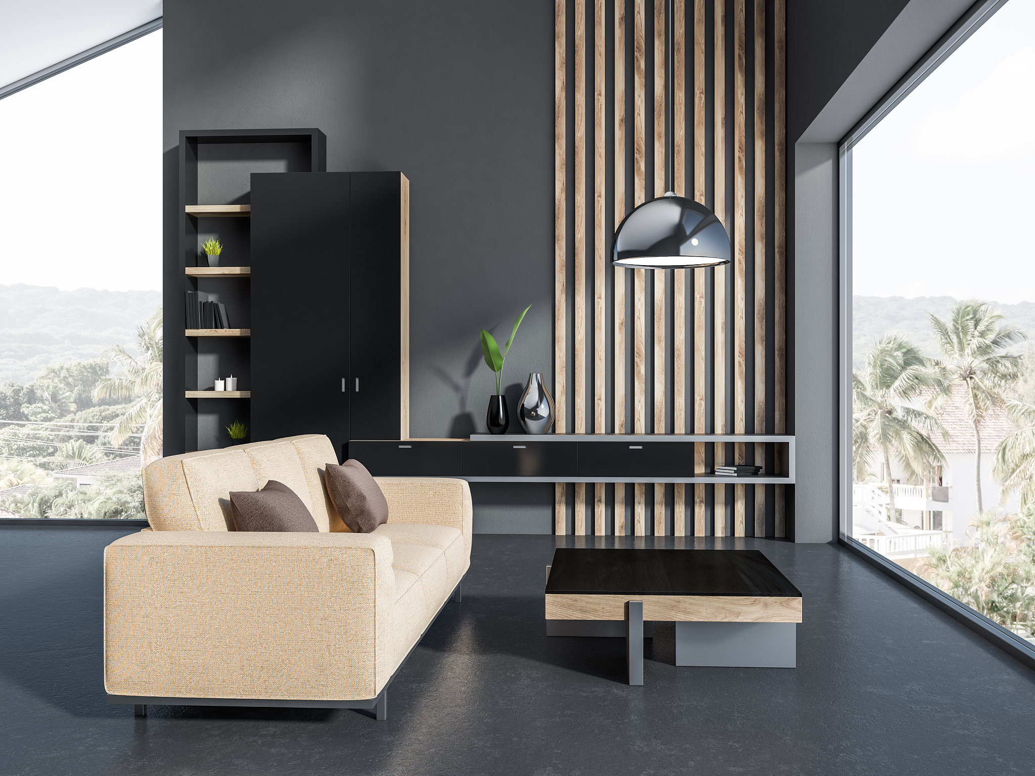gray living room, beige sofa and bookcase