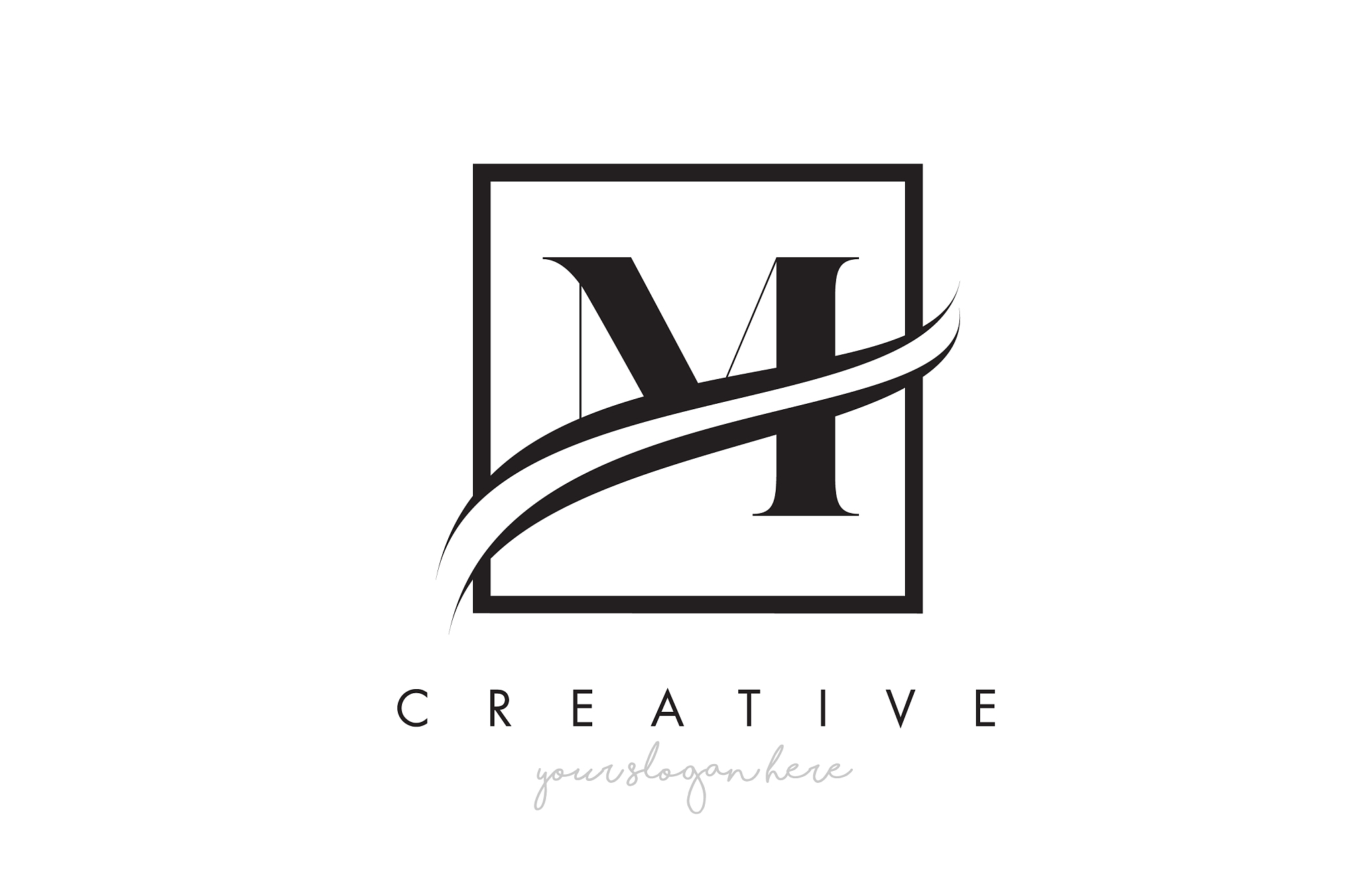 m letter logo design with square swoosh border