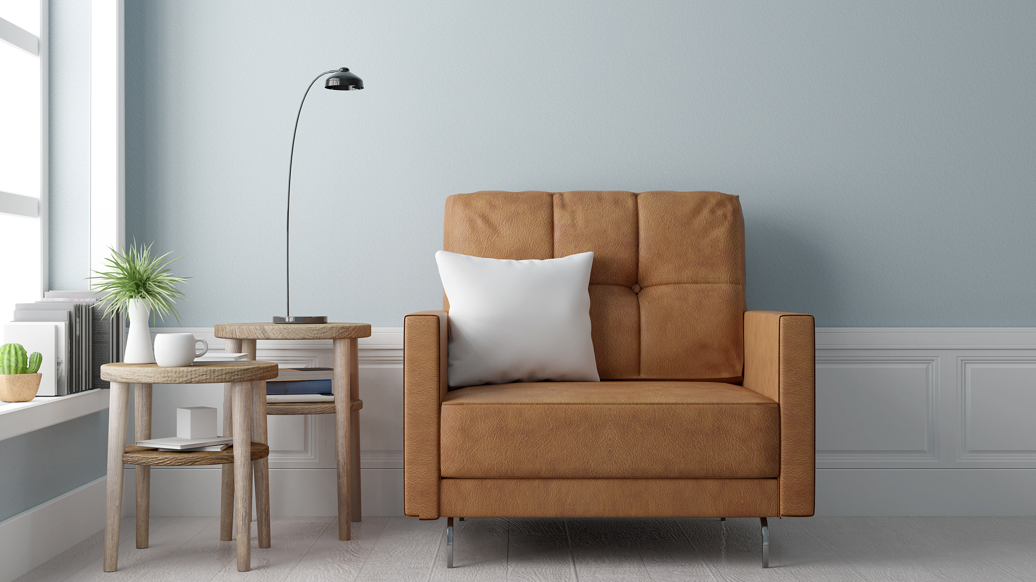 living room with leather sofa has pillows, minimal rustic, 3d re