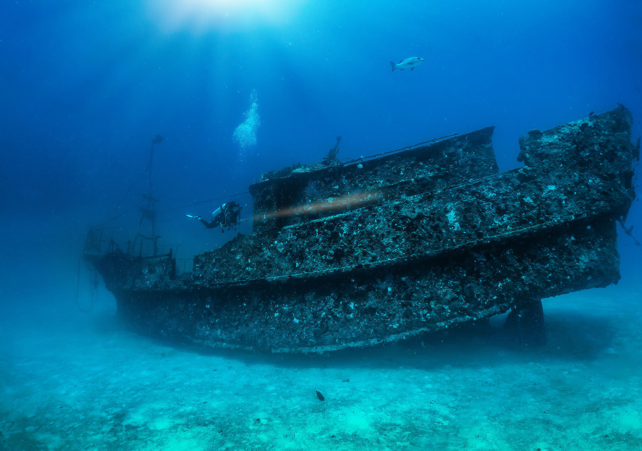 scuba diver exploring a sunken shipwreck at the maldives islands