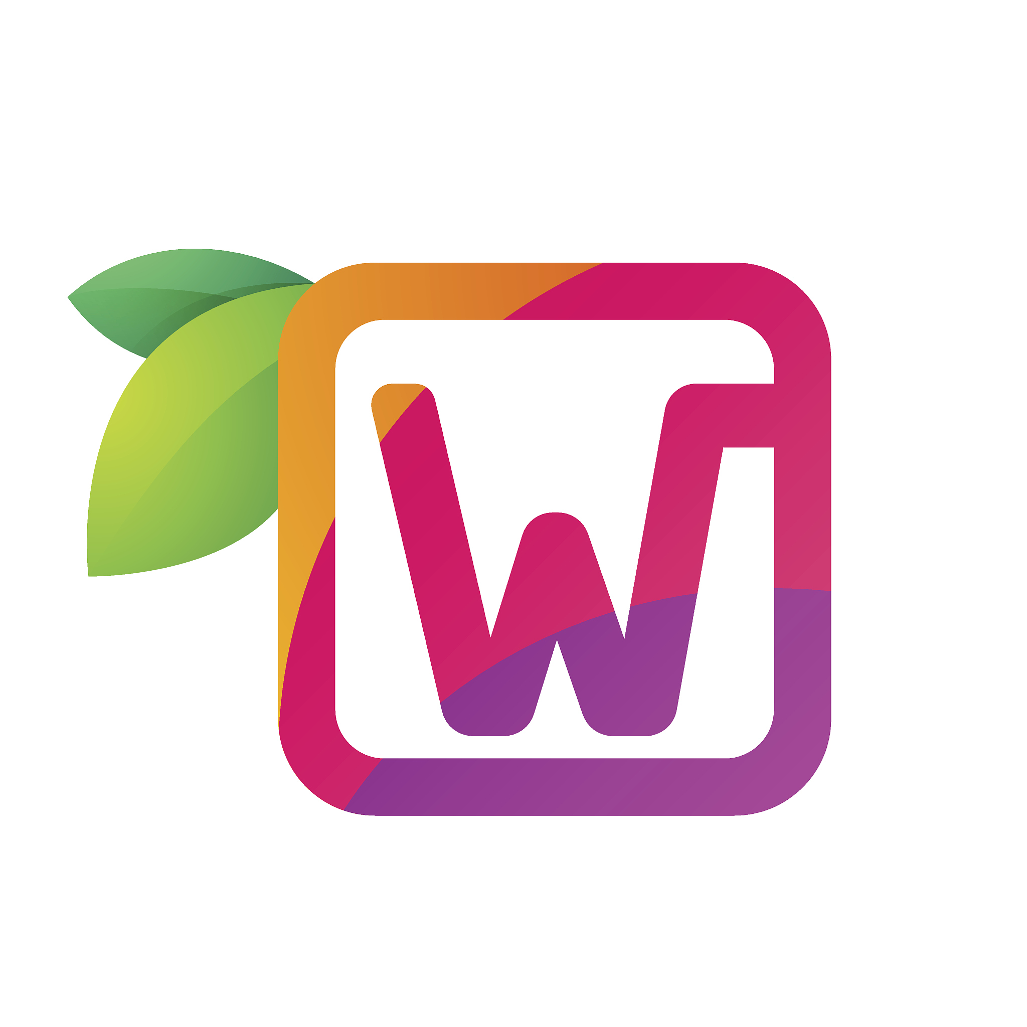w letter in square with juice and green leaves.