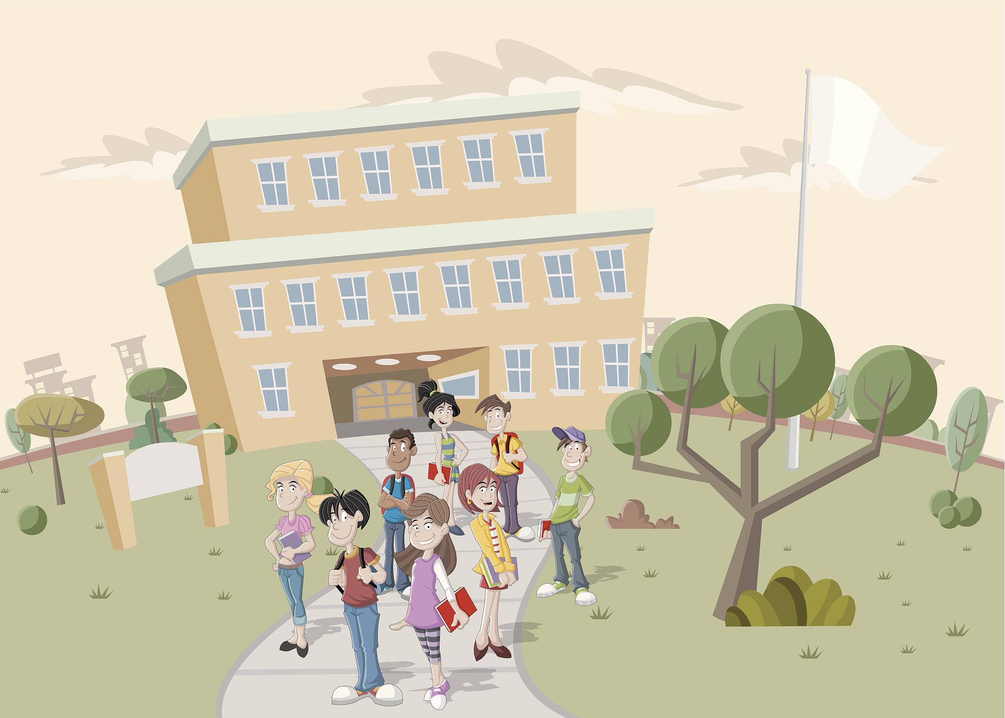 teenager students in front of school