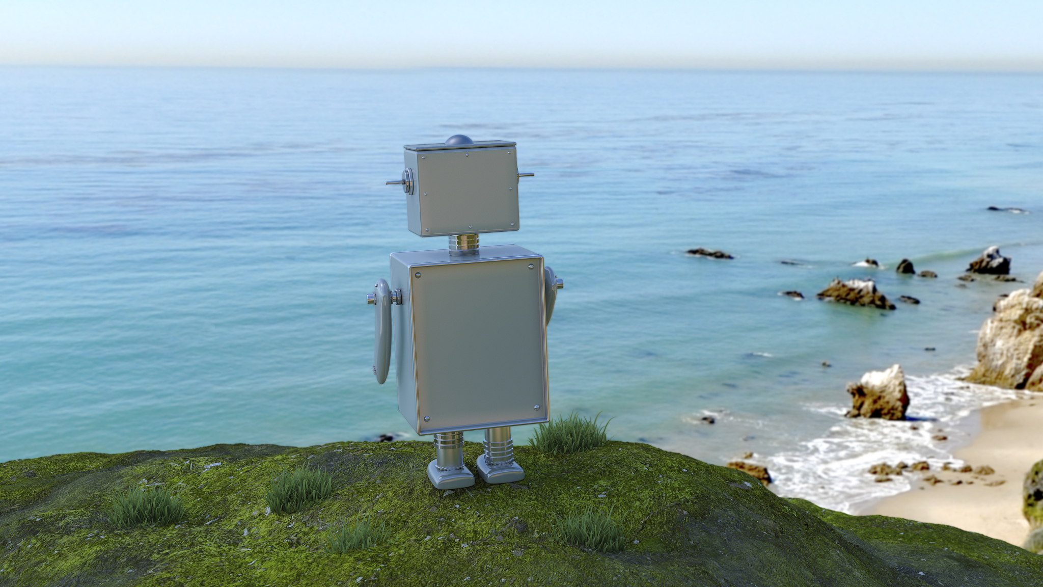 robot at the coast looking at the sea, 3d rendering
