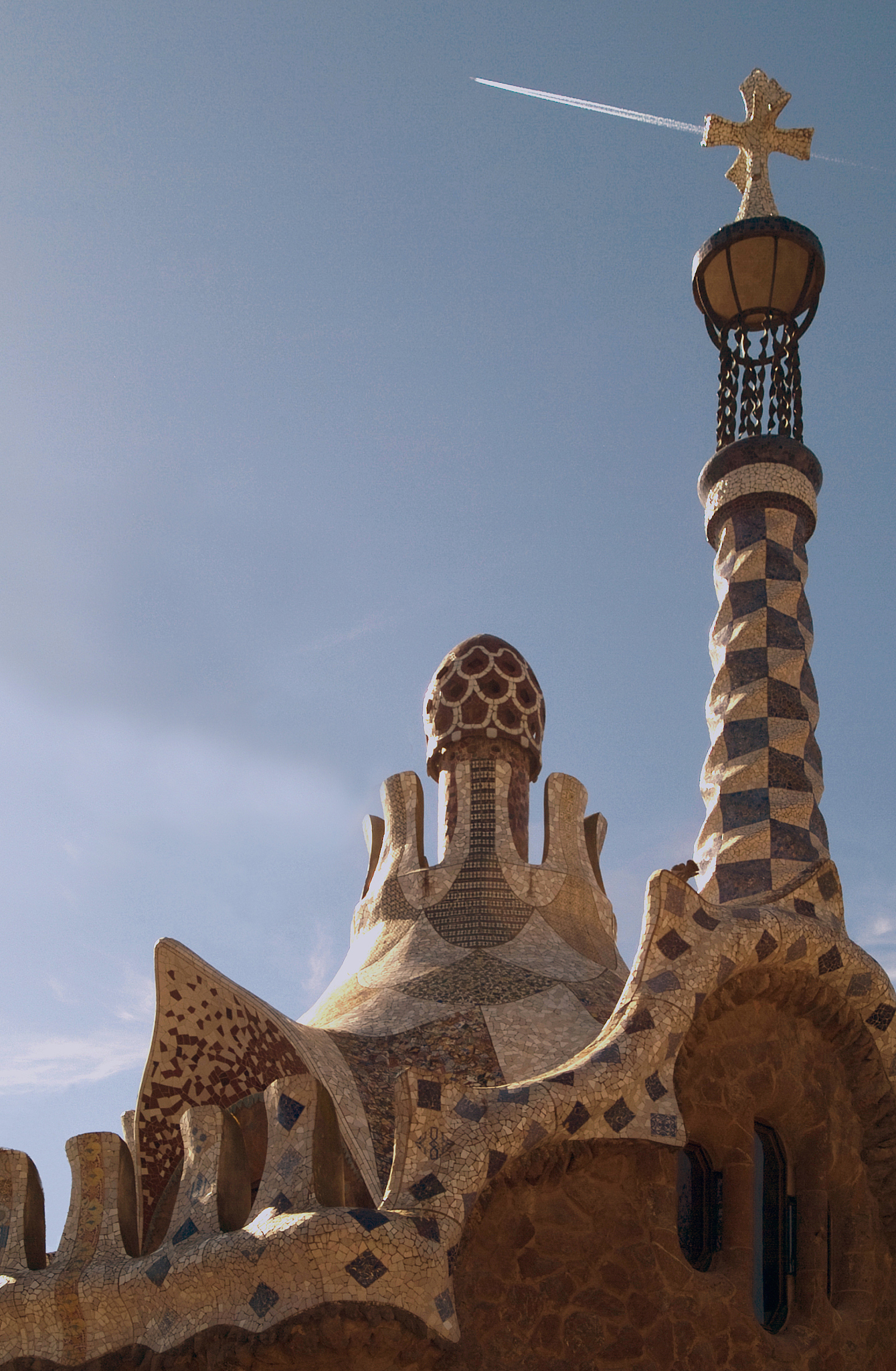 the spire of the chapel at parc g?ell - barcelona