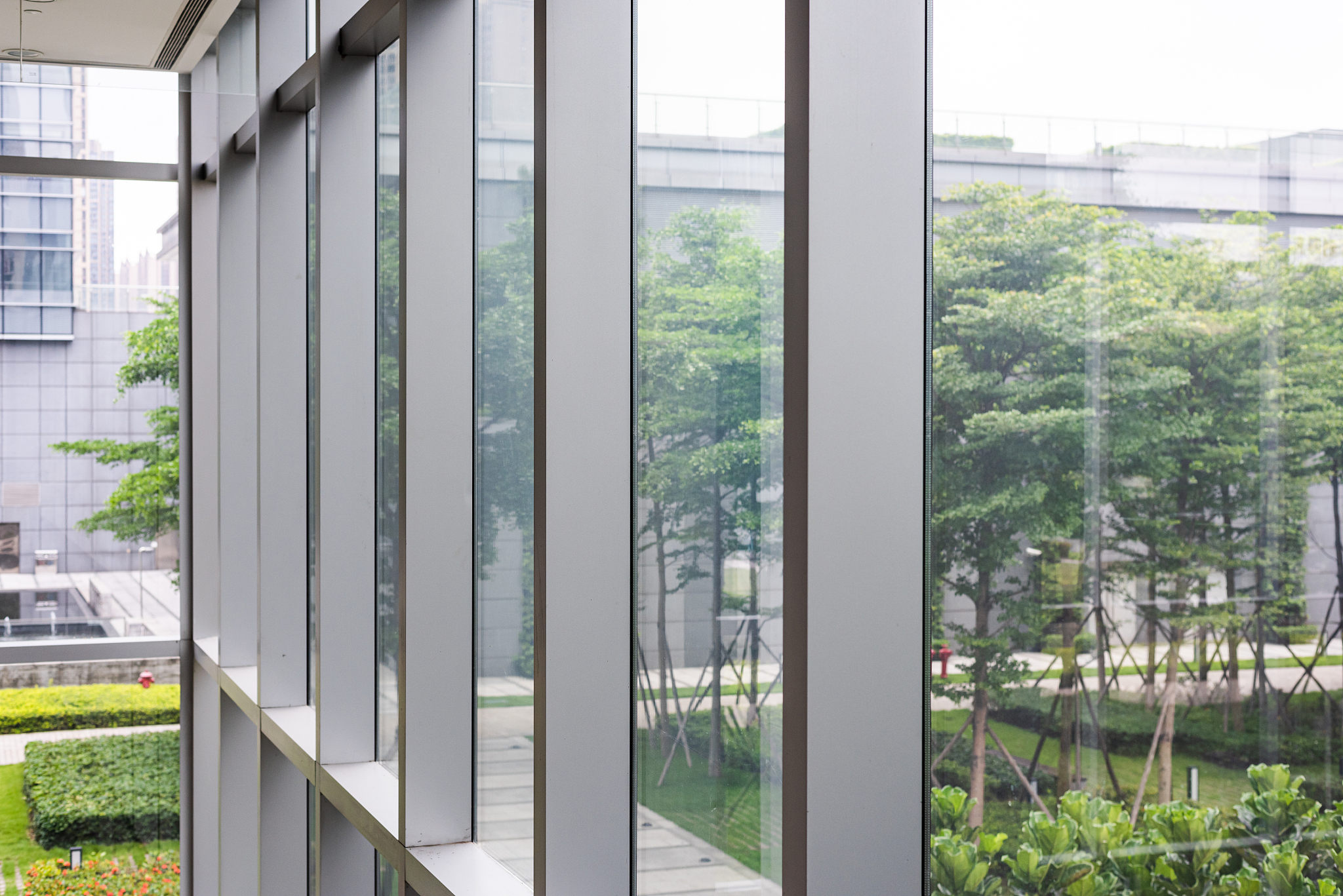 glass facade of the shopping mall and office building, main entr