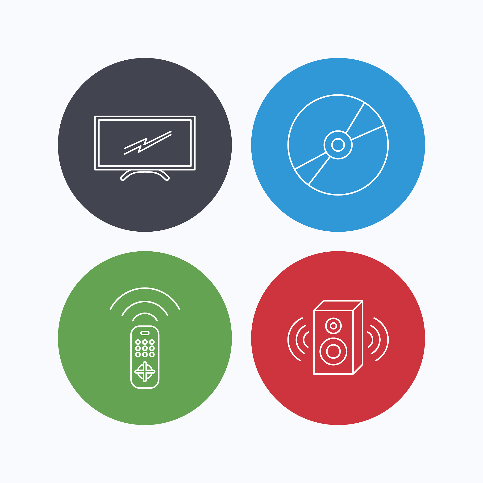 tv remote, sound and dvd disc icons.