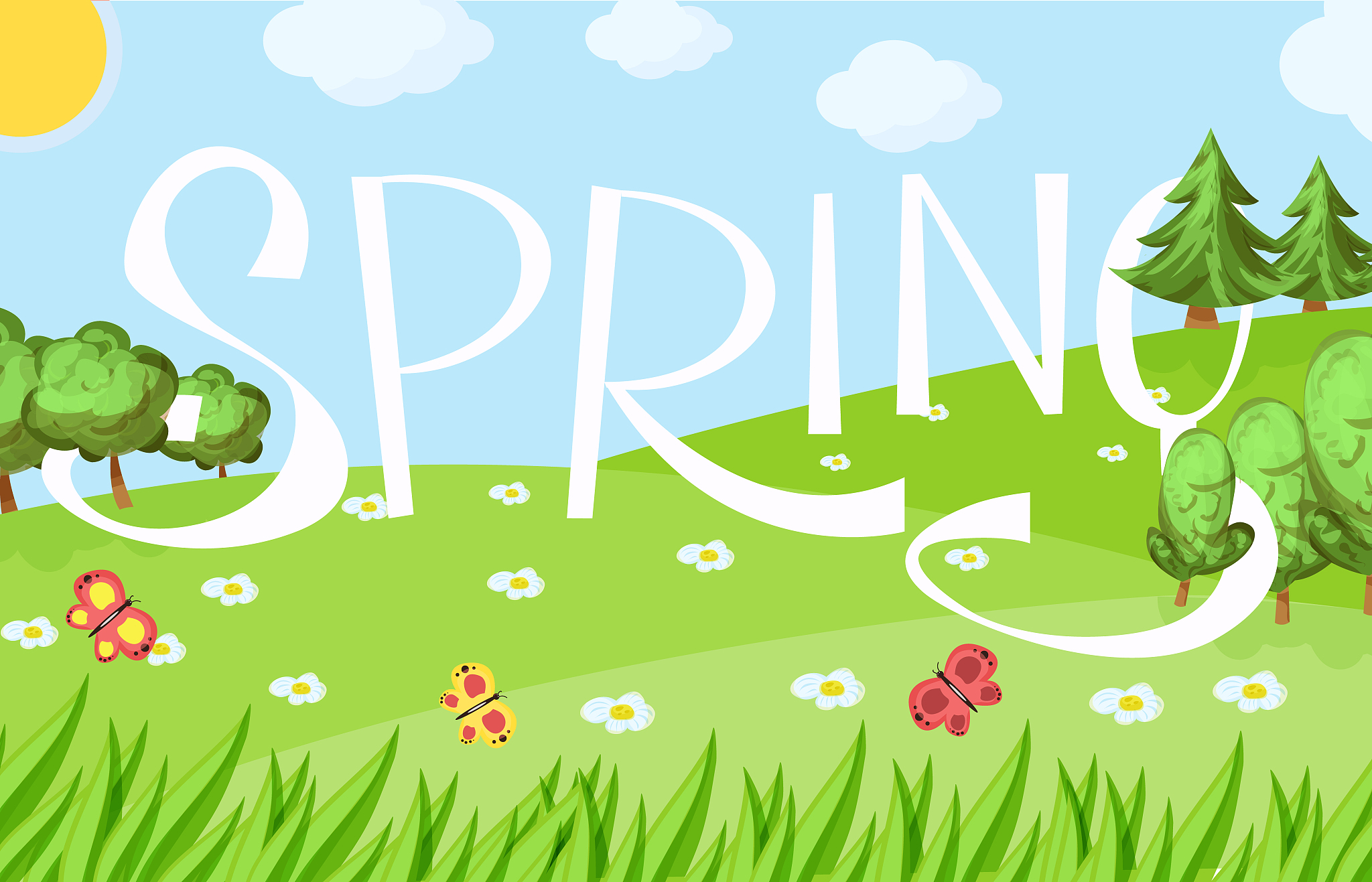 用英语翻译：
生成一张卡通海报。科技相关，要有计算机视觉识别的技术元素。背景色是绿色，画面要明亮，活泼。春分过后，是一年中春光最好的时候。草长莺飞，杨柳依依，桃红李白，春风骀荡，正适合去郊外踏青。