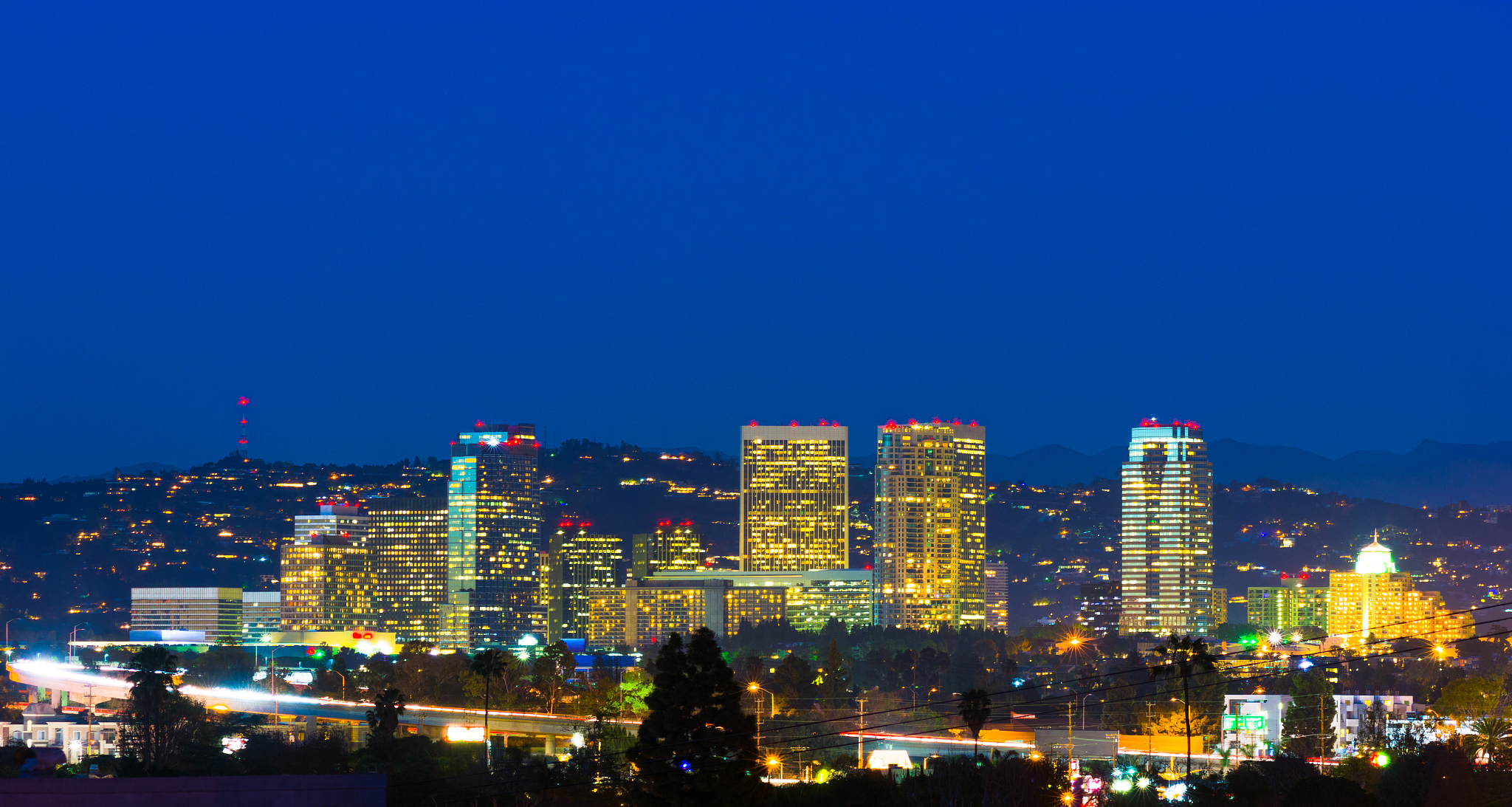 century city, los angeles skyline at dusk