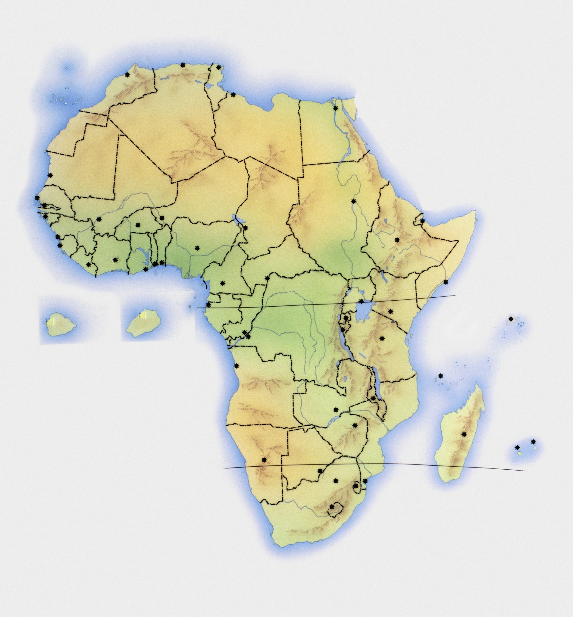 digital illustration of map of africa and islands off coastline